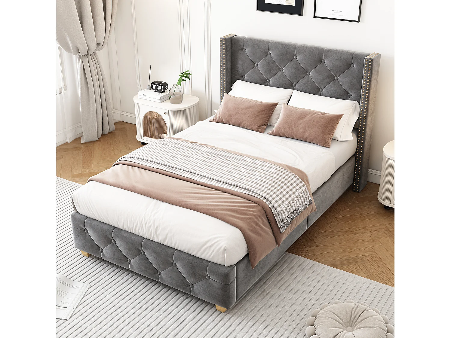 Łóżko z tapicerowanym zagłówkiem – 90 x 200 cm – tkanina lniana – stelaż z listew – kolor szary 4811555