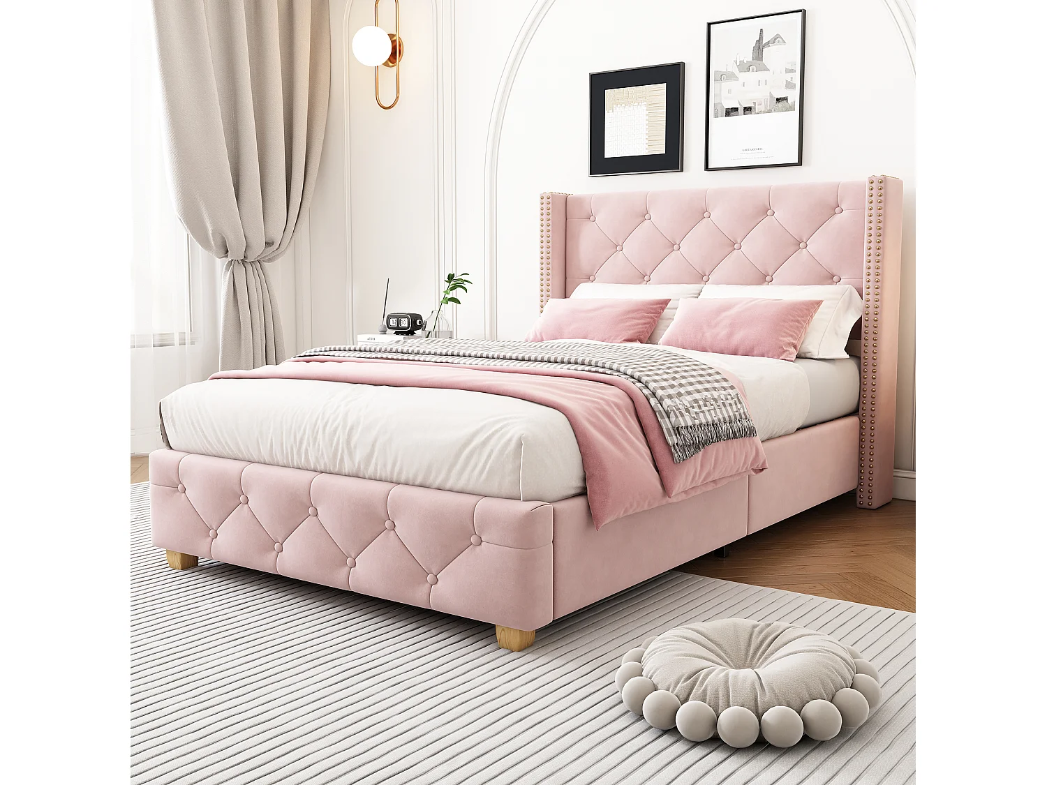 Łóżko z tapicerowanym zagłówkiem – 90 x 200 cm – tkanina lniana – stelaż z listew – kolor różowy 4811565