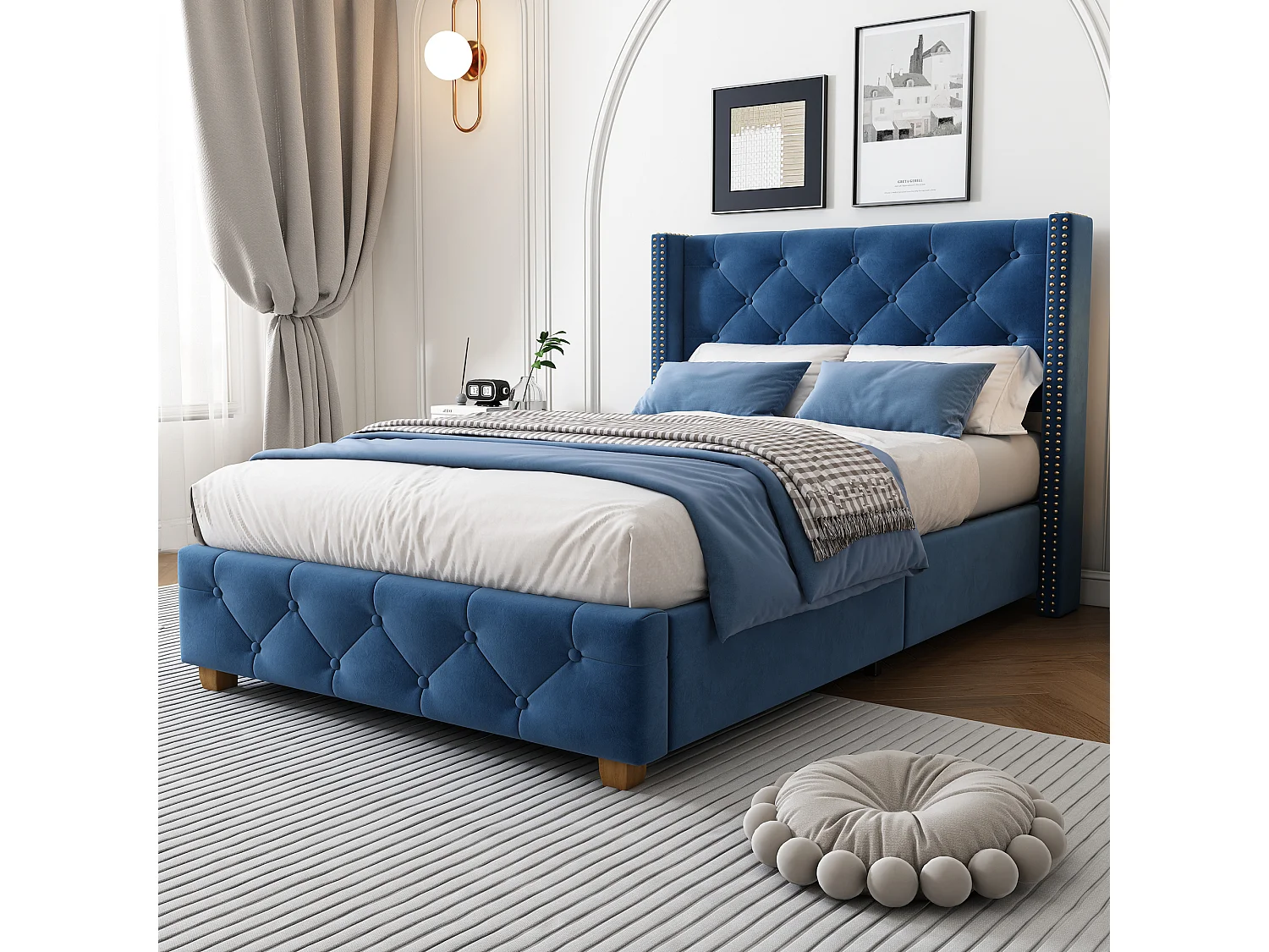 Łóżko z tapicerowanym zagłówkiem – 90 x 200 cm – tkanina lniana – stelaż z listew – kolor niebieski 4811558