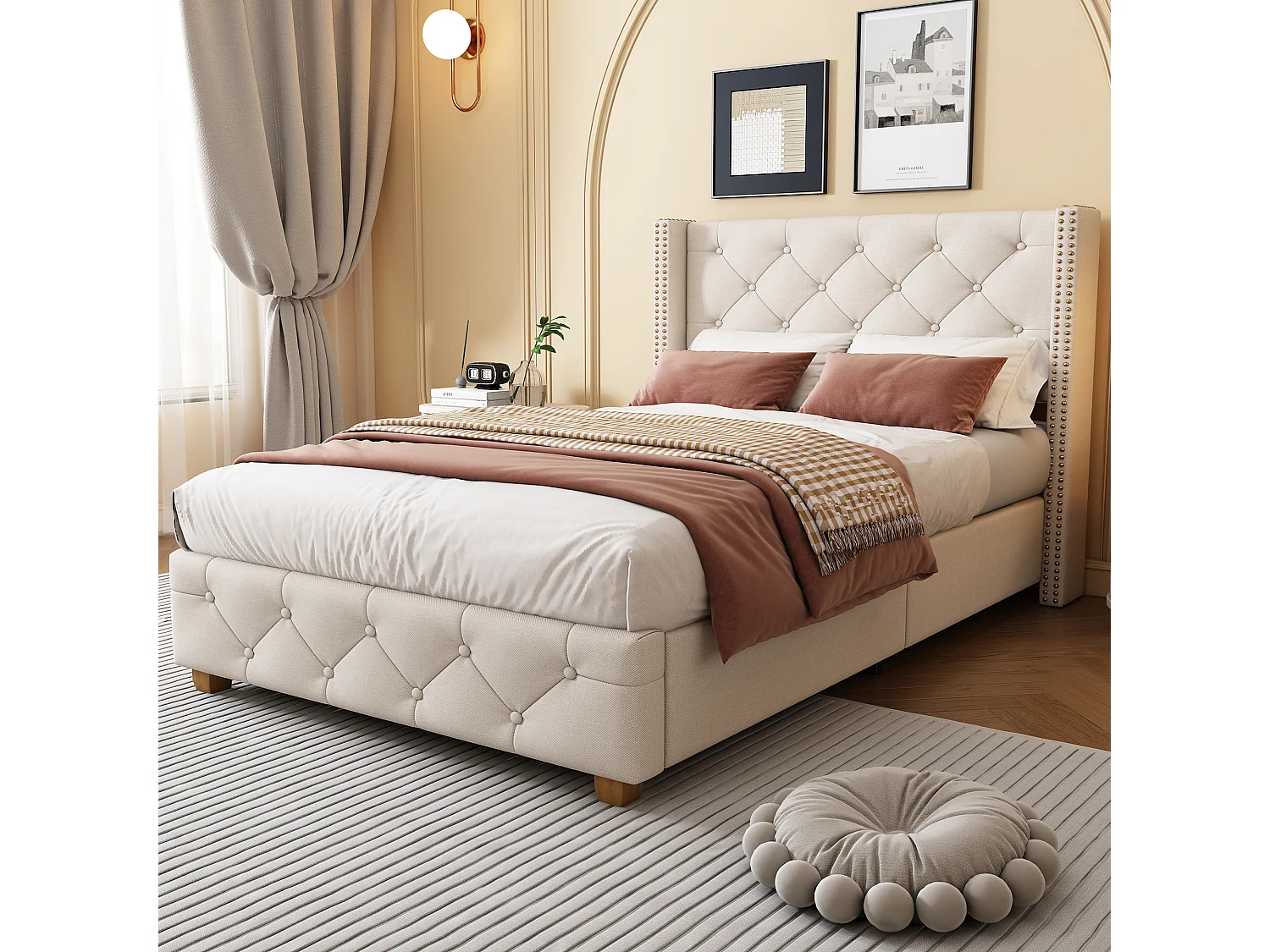 Łóżko z tapicerowanym zagłówkiem – 90 x 200 cm – tkanina lniana – stelaż z listew – beżowe 4811605