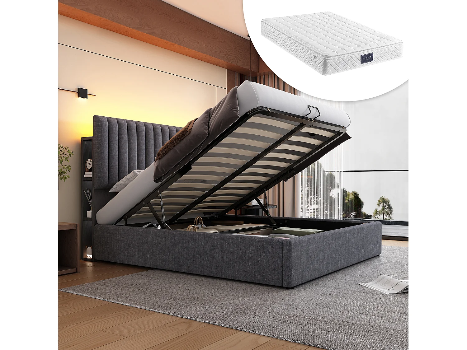 Łóżko z pojemnikiem na pościel 160x200 cm - z zagłówkiem ze schowkiem, oświetleniem LED, portem USB, portem USB typu C, stelażem - len - szare - materac w cenie 4813237 - obrazek 1