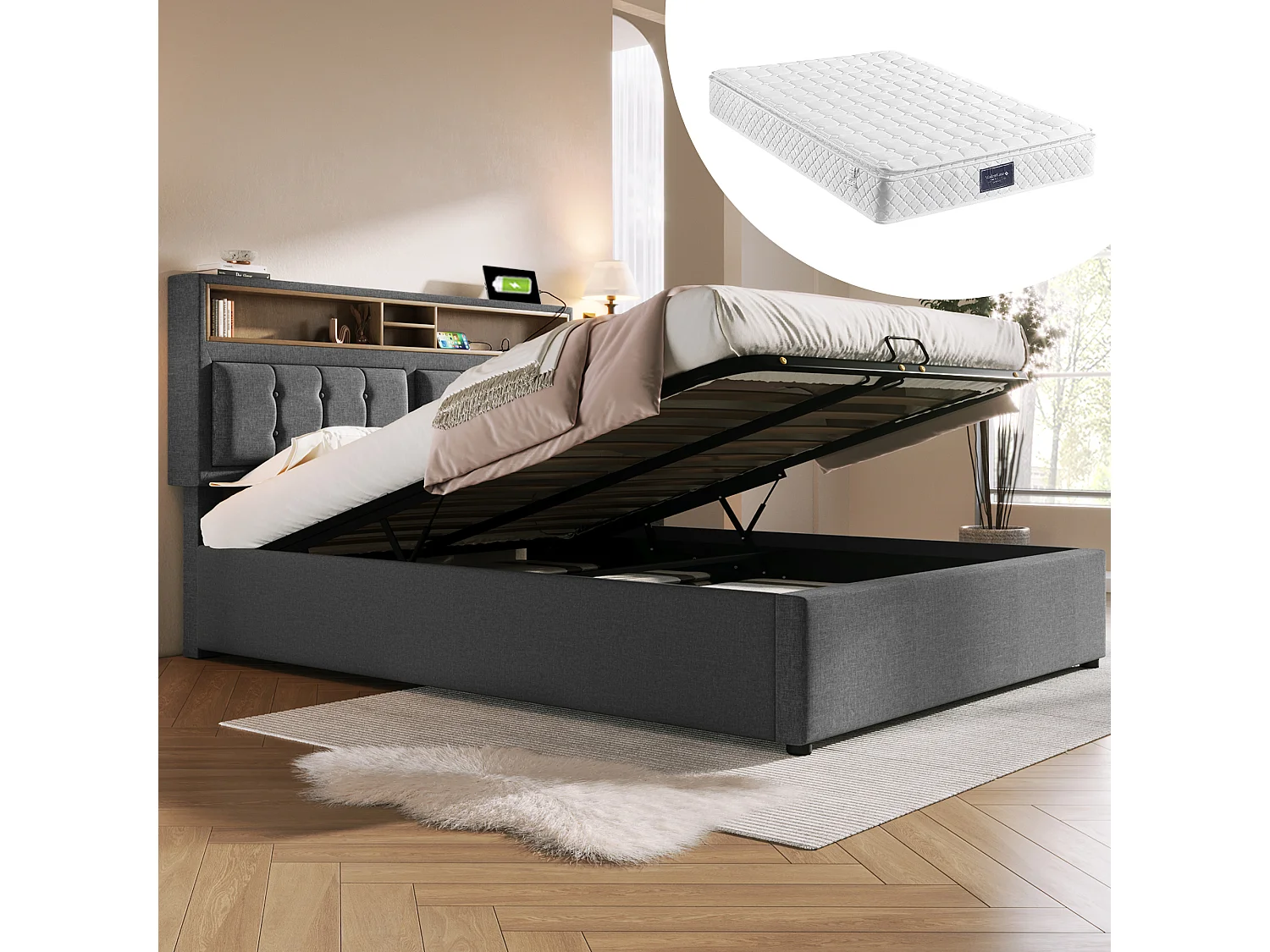 Łóżko z pojemnikiem 140x200 cm – z zagłówkiem i schowkiem, USB/Typ C, stelażem – len – szare - materac w zestawie 4813241 - obrazek 1