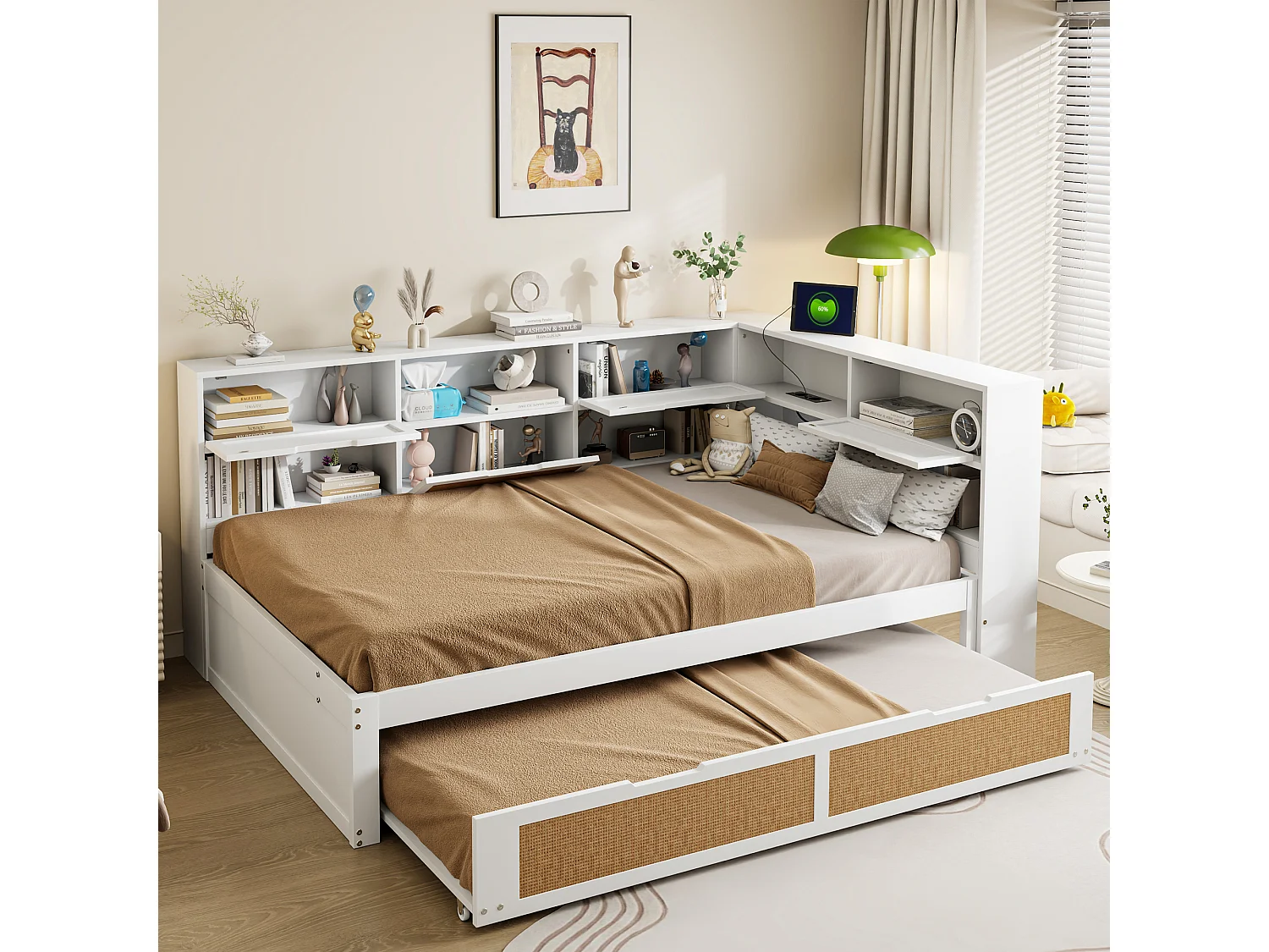 Łóżko z pojemnikiem 140x200 cm - z gniazdem USB i półkami - drewno - białe 4813384 - obrazek 1