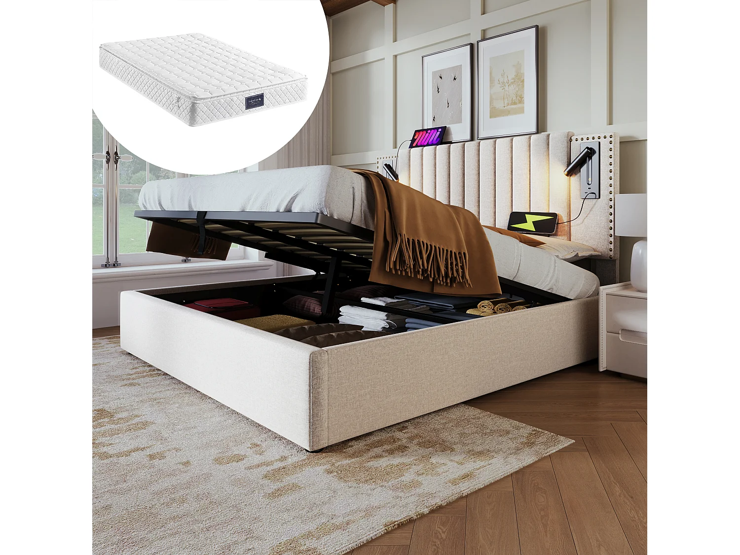 Łóżko z pojemnikiem na pościel 160x200 cm - z zagłówkiem, USB/typ C, stelaż - materiał - beżowe - materac w cenie 4813437 - obrazek 1