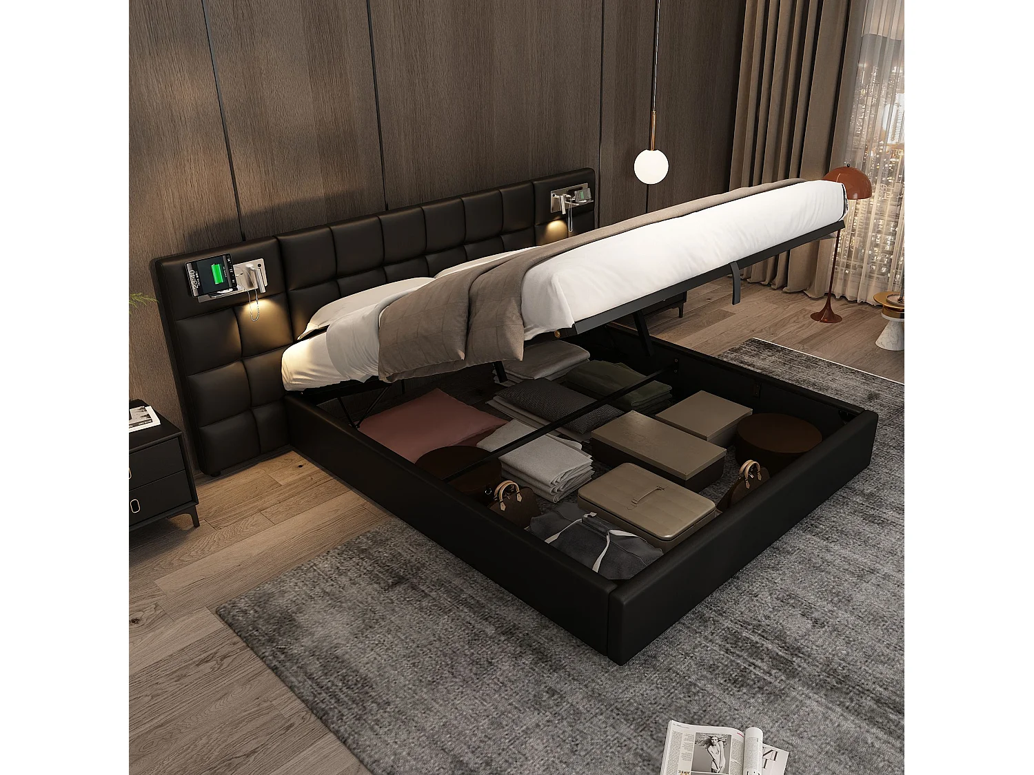 Łóżko z pojemnikiem 180 x 200 cm - z zagłówkiem, USB, stelażem - czarne - bez materaca 4813444 - obrazek 1