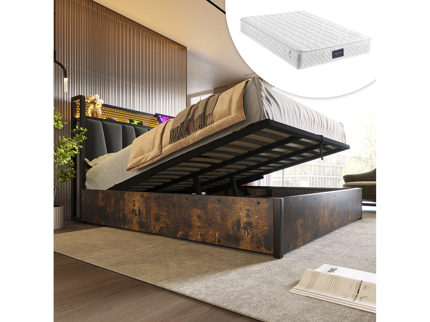 Łóżko z pojemnikiem 160x200 cm - z zagłówkiem i schowkiem, aplikacją RGBW LED, USB, stelażem - len - szary - materac w zestawie 4813456 - obrazek 1