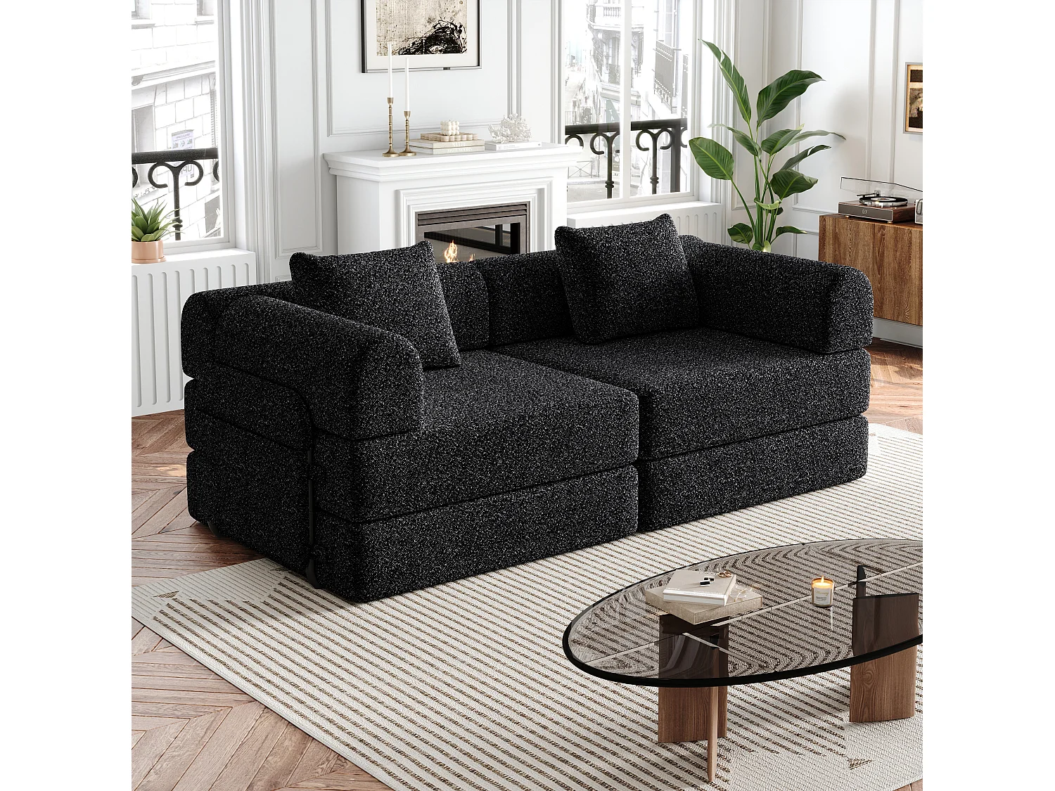 Czarna sofa 2-osobowa - Prosta sofa z miejscem do przechowywania i 3 metalowymi stelażami - gąsienica 4813465 - obrazek 1