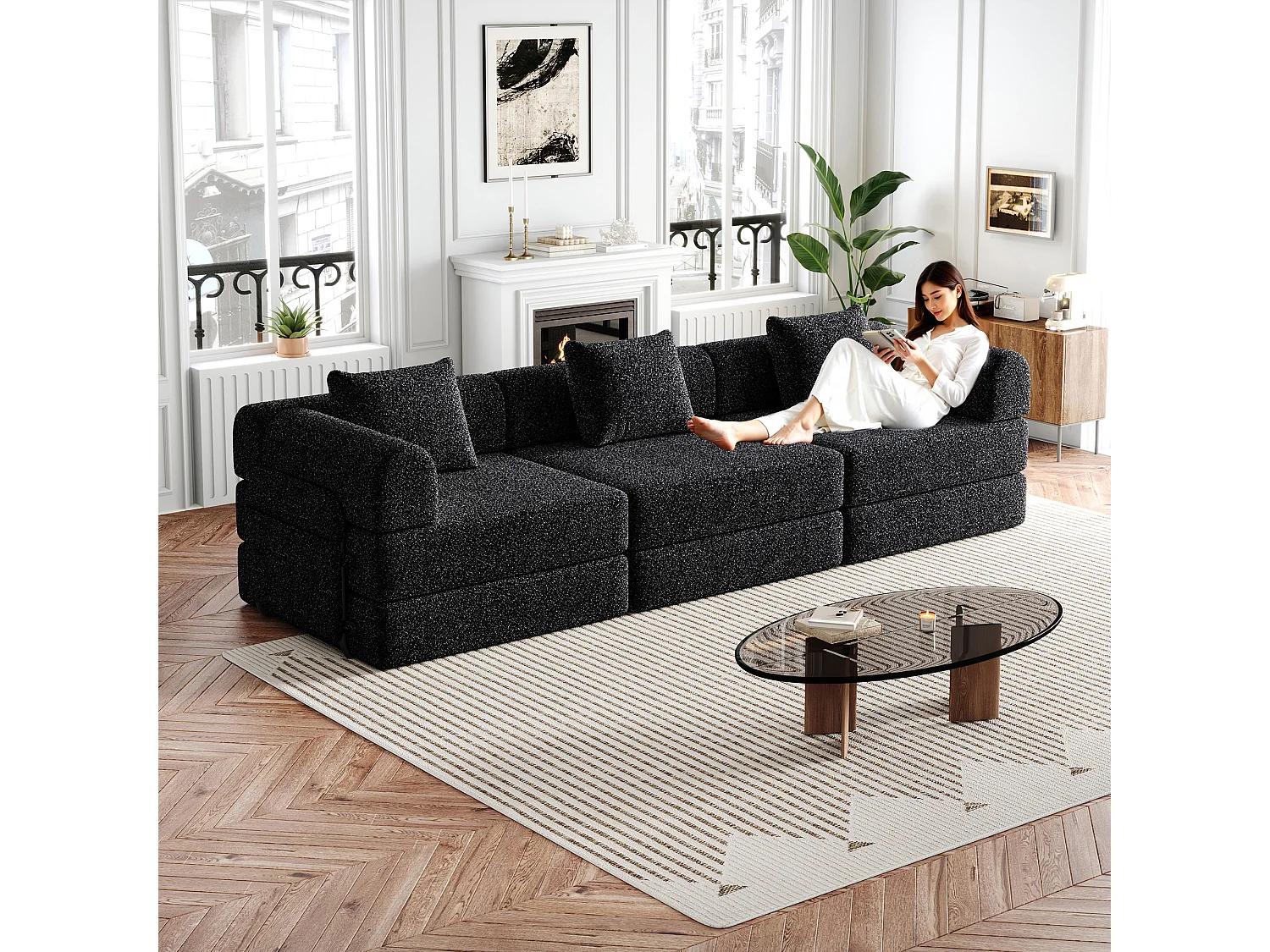 Czarna sofa 3-osobowa - Prosta sofa z miejscem do przechowywania i 3 metalowymi stelażami - gąsienica 4813497 - obrazek 1