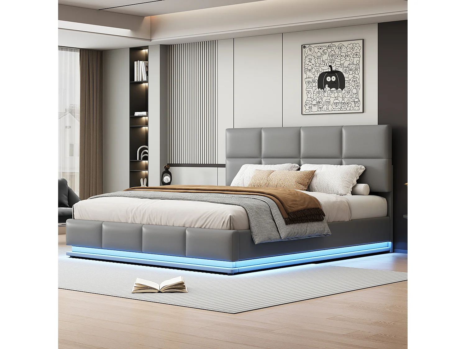 Łóżko z pojemnikiem 180x200 cm - z regulowanym zagłówkiem i oświetleniem LED - jasnoszary PU - materac nie jest wliczony w cenę 4813531 - obrazek 1
