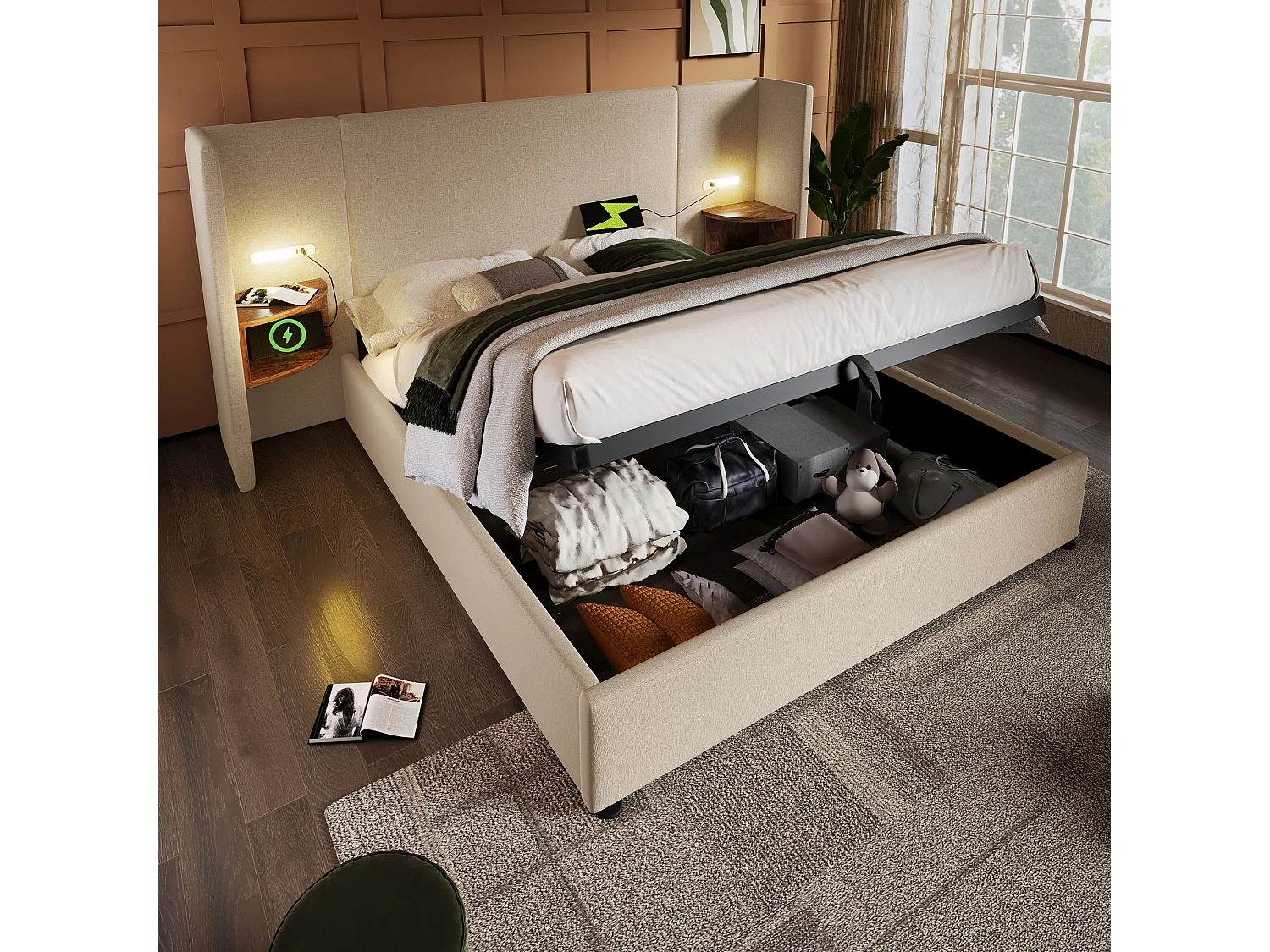 Łóżko z pojemnikiem 180x200 cm - z zagłówkiem, schowkiem, USB/Typ-C, na stelażu - len - beżowy - bez materaca 4813585 - obrazek 1
