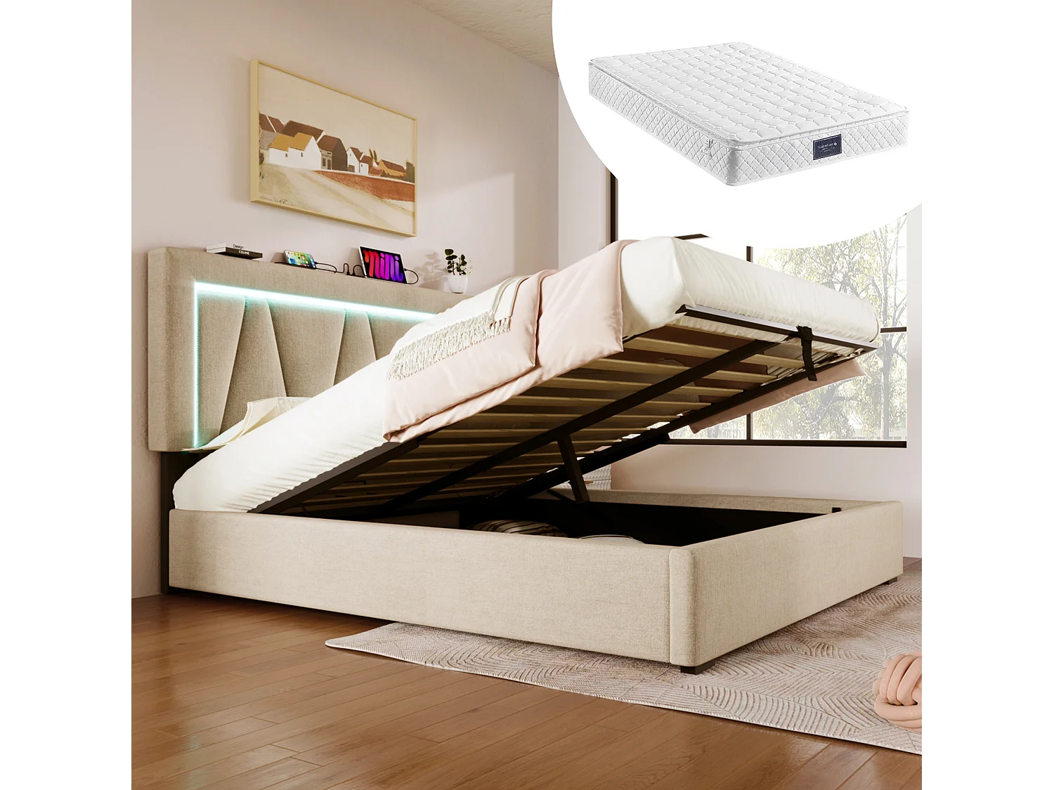 Łóżko z pojemnikiem 140x200 cm – z zagłówkiem i schowkiem, USB/Typ C, LED – len i metal – beżowe – materac w zestawie 4813589 - obrazek 1
