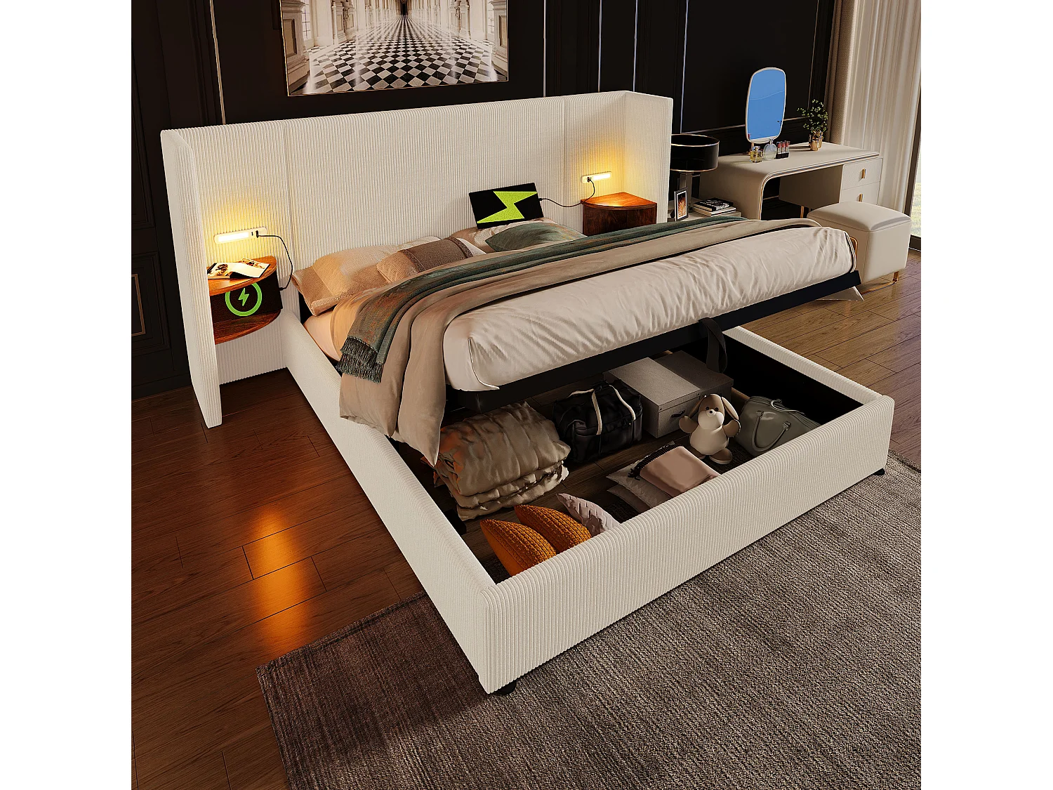 Łóżko z pojemnikiem 180x200 cm - z zagłówkiem, schowkiem, USB/Typ-C, na stelażu - len - beżowy - bez materaca 4813593 - obrazek 1