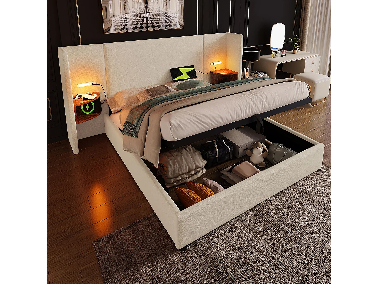 Łóżko z pojemnikiem 160x200 cm - z zagłówkiem, schowkiem, USB/Typ-C, na stelażu - len - beżowy - bez materaca 4813599 - obrazek 1