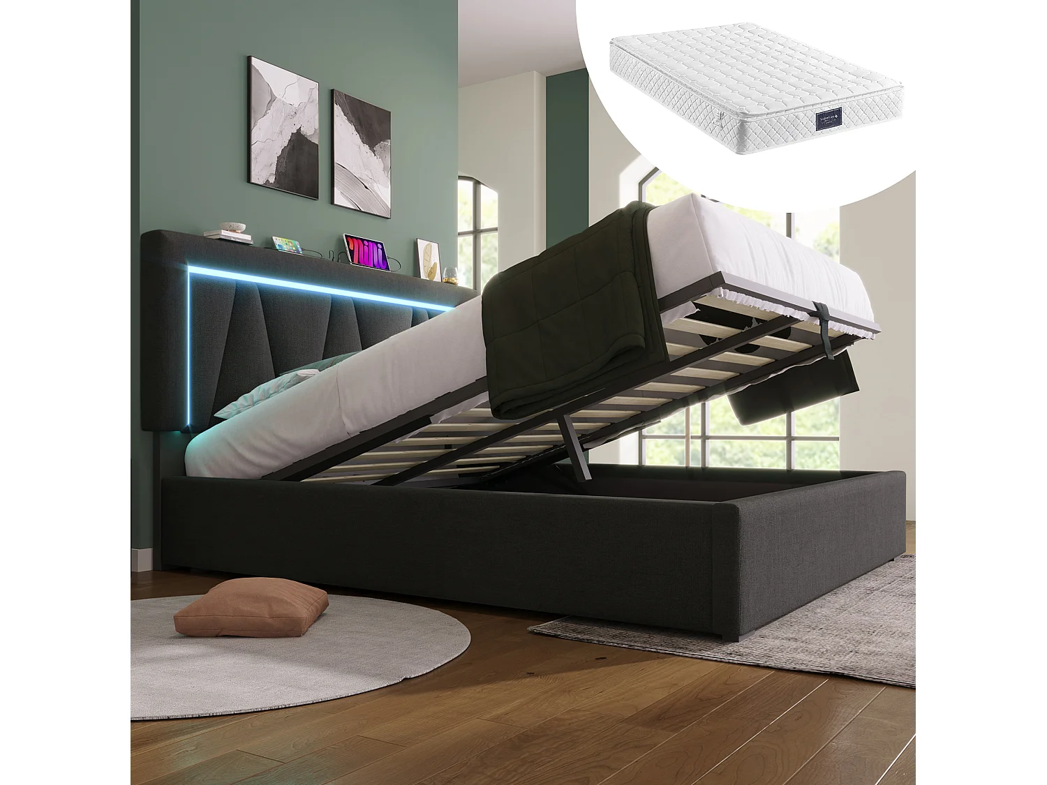 Łóżko z pojemnikiem 140x200 cm – z regulowanym zagłówkiem i schowkiem, USB/Typ C, LED – len – szare – materac w zestawie 4813600 - obrazek 1