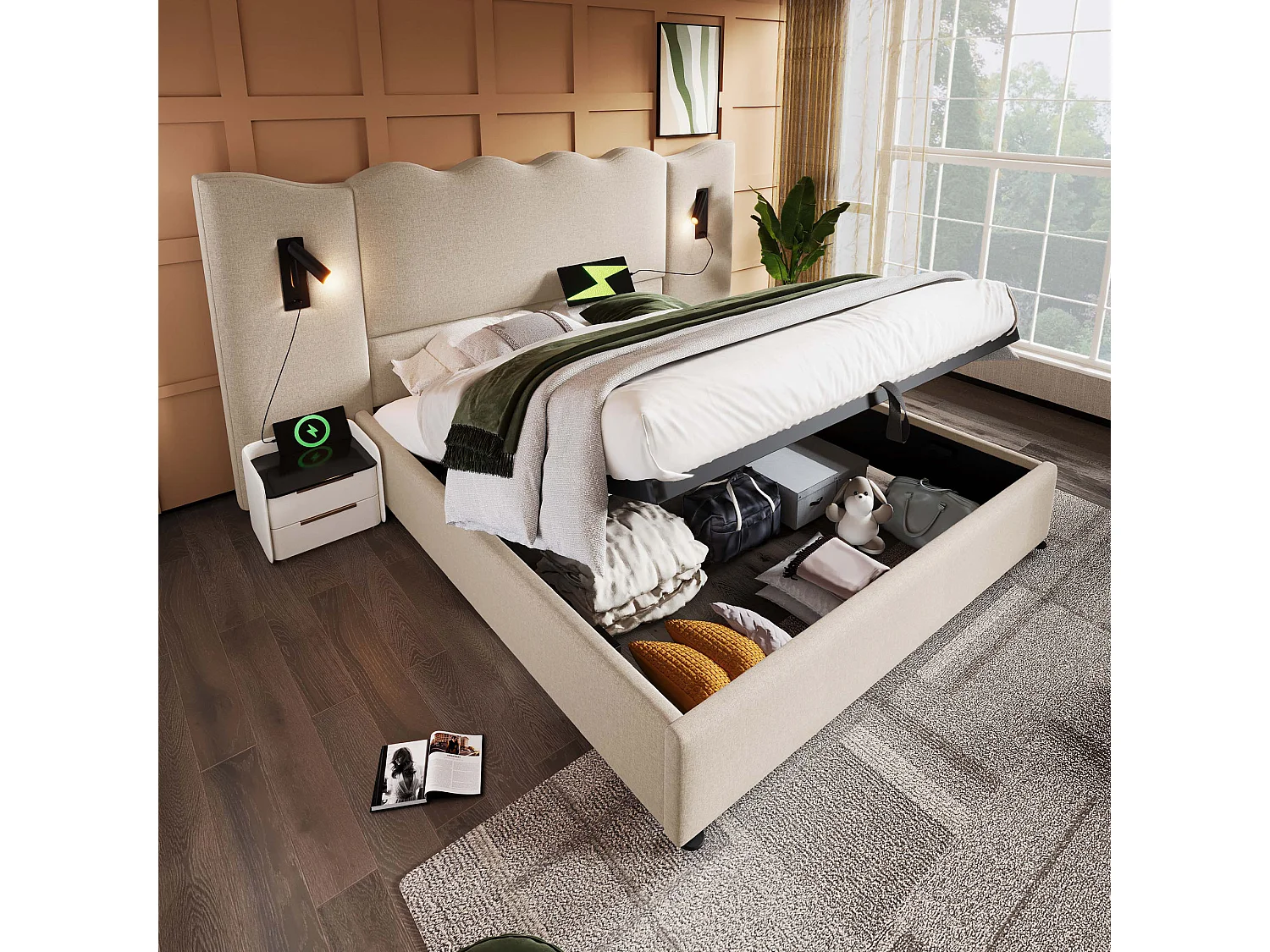 Łóżko z pojemnikiem 180×200 cm – z zagłówkiem, portami USB/typu C, stelaż z listew – len – beżowe – materac nie jest wliczony w cenę 4813612