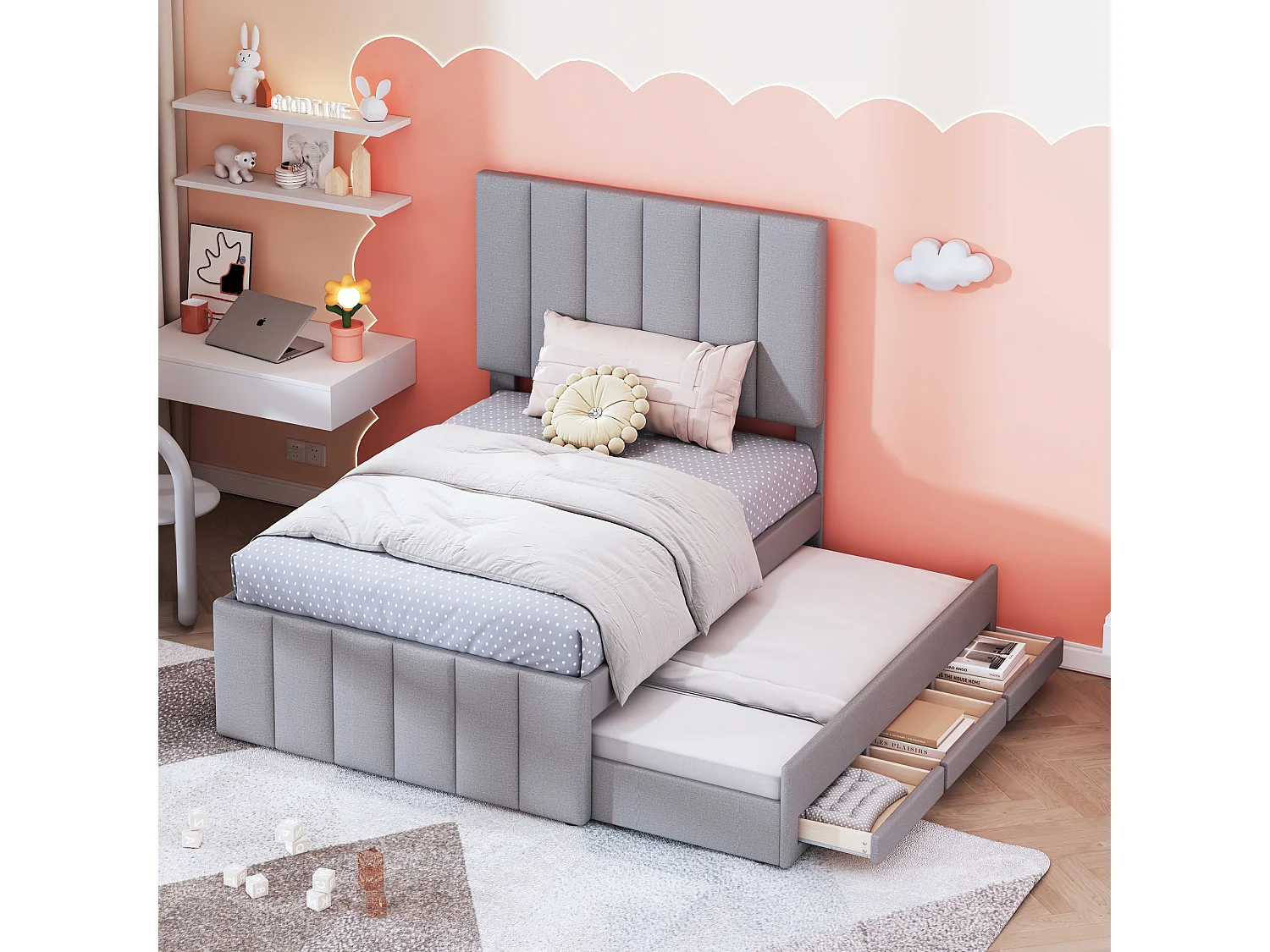 Łóżko wysuwane 90x200 cm - z zagłówkiem, szufladami, stelażem - materiał - szary - materac nie jest wliczony w cenę 4813684 - obrazek 1