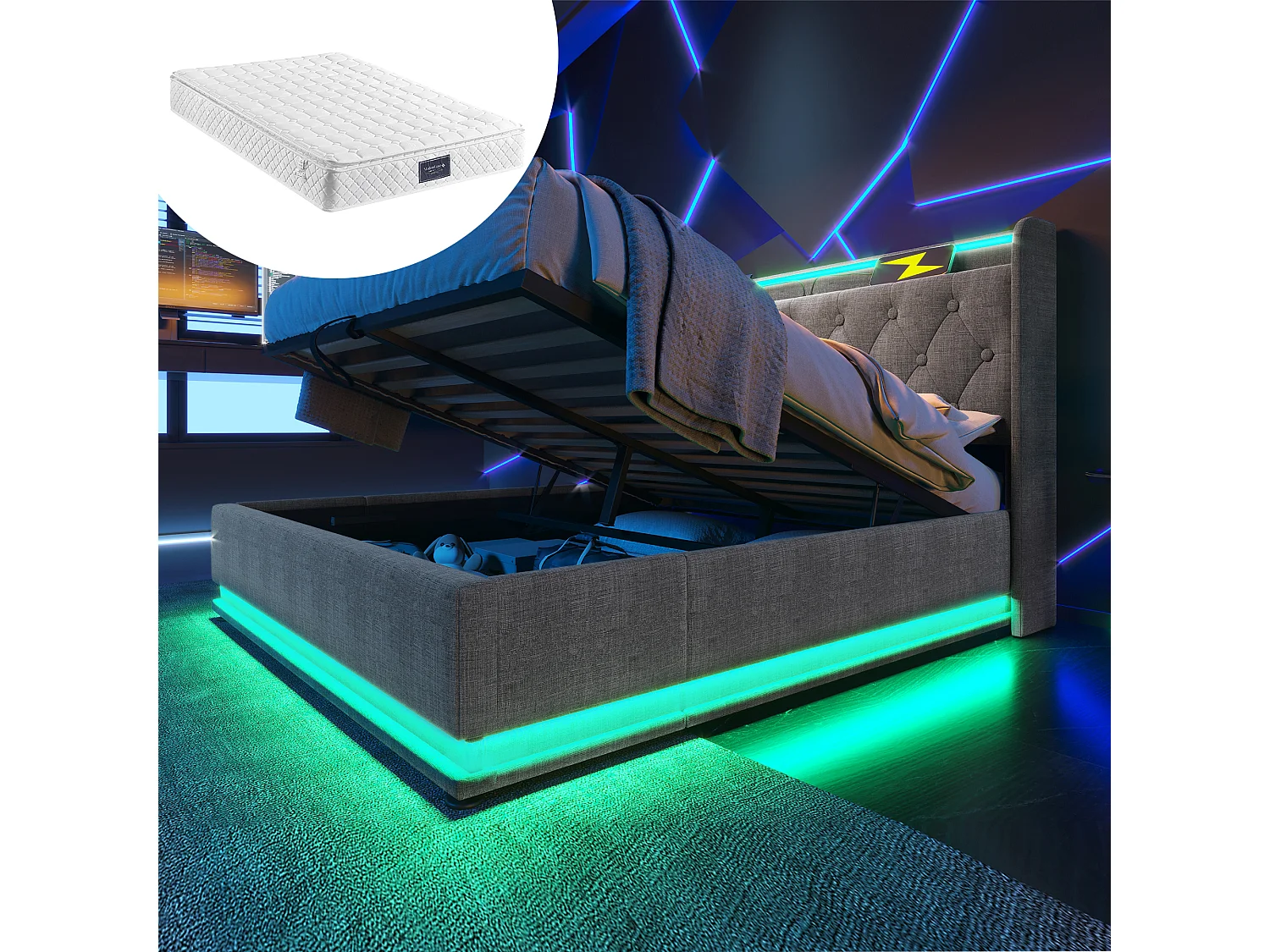 Łóżko z pojemnikiem 160x200 cm - z zagłówkiem ze schowkiem, USB/Typ-C, oświetleniem LED, stelażem - szary len - materac w cenie 4813690 - obrazek 1