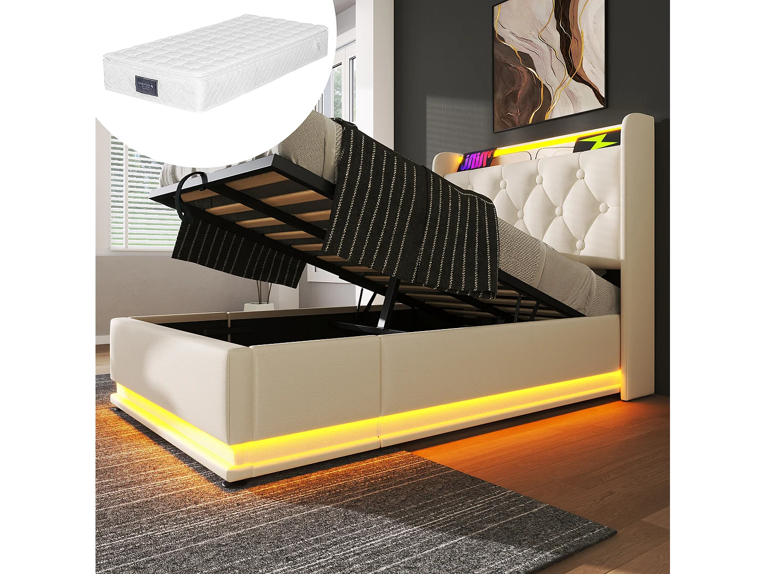 Łóżko z pojemnikiem 90x200 cm - z zagłówkiem ze schowkiem, oświetleniem LED, USB/Typ-C, stelażem - biały - materac w cenie 4813686 - obrazek 1