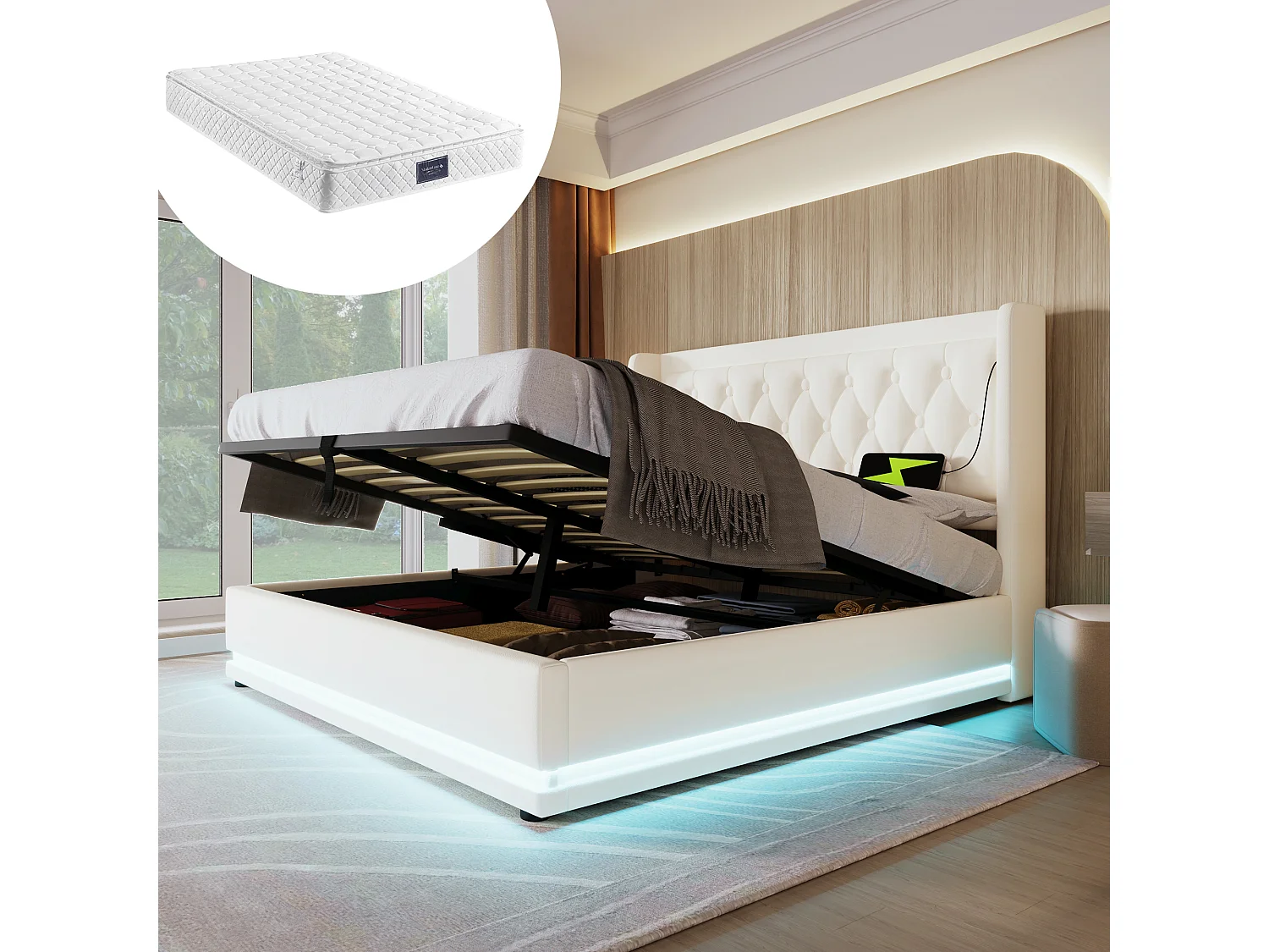 Łóżko z pojemnikiem na pościel 160x200 cm - z zagłówkiem, USB, typ C, oświetlenie LED, stelaż - białe - materac w cenie 4813688 - obrazek 1