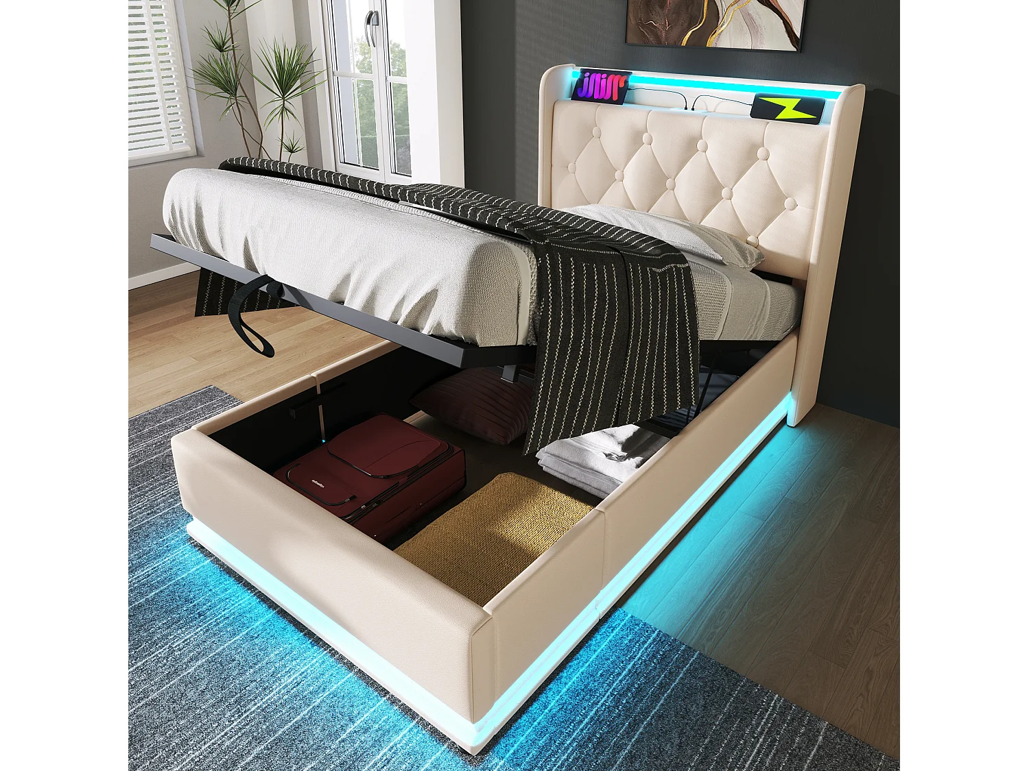Łóżko z pojemnikiem 90x200 cm - z zagłówkiem ze schowkiem, oświetleniem LED, USB/Typ-C - biała skóra - bez materaca 4813700 - obrazek 1