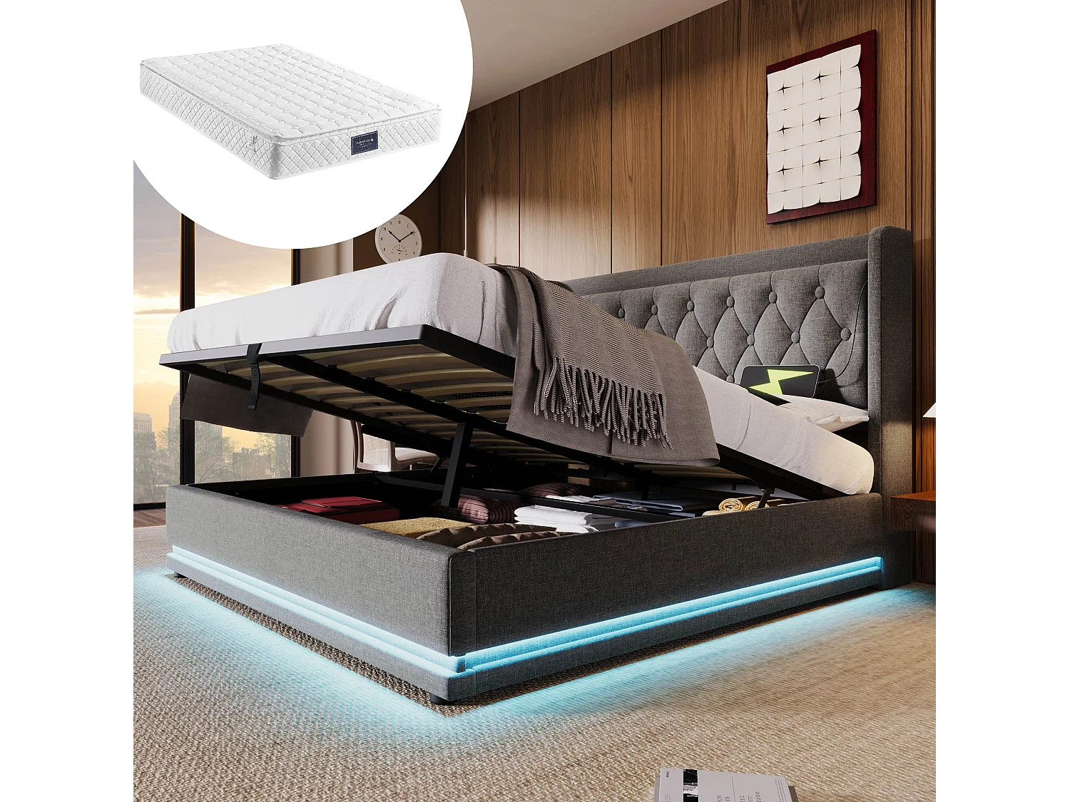 Łóżko z pojemnikiem 160x200 cm - z zagłówkiem, USB/Typ-C, oświetleniem LED, elastycznymi listwami - materiałowe - szare - materac w cenie 4813699 - obrazek 1