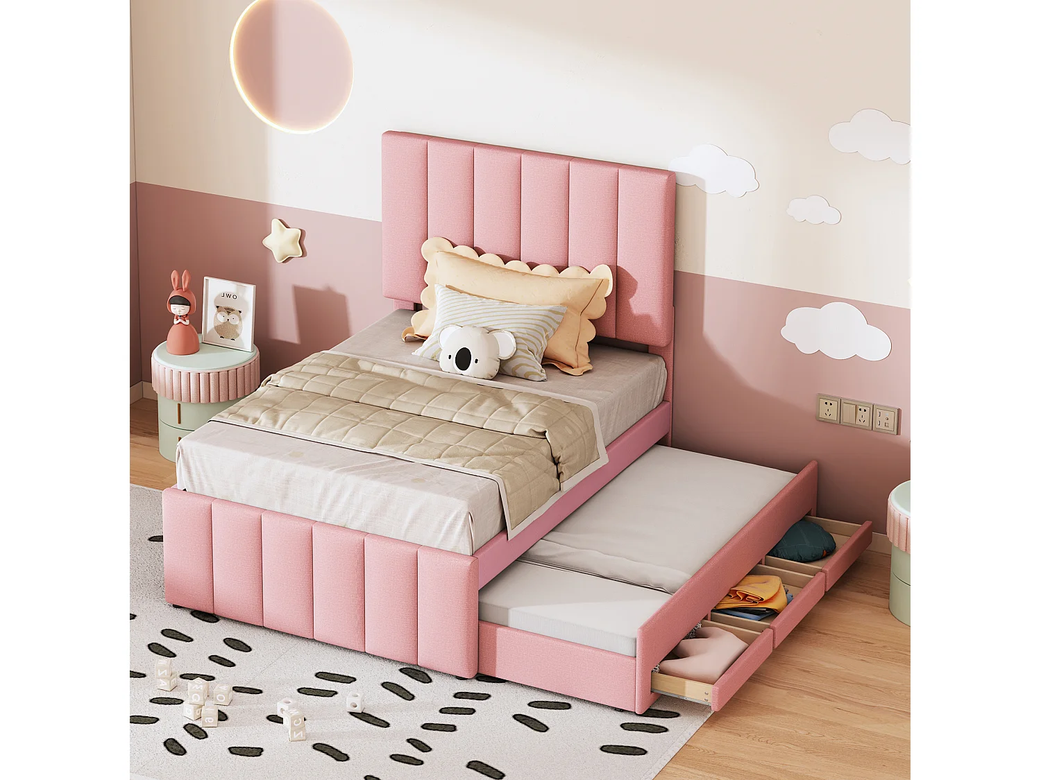 Łóżko wysuwane 90x200 cm - z zagłówkiem, 3 szufladami, stelażem - materiał - różowy - materac nie jest wliczony w cenę 4813701 - obrazek 1
