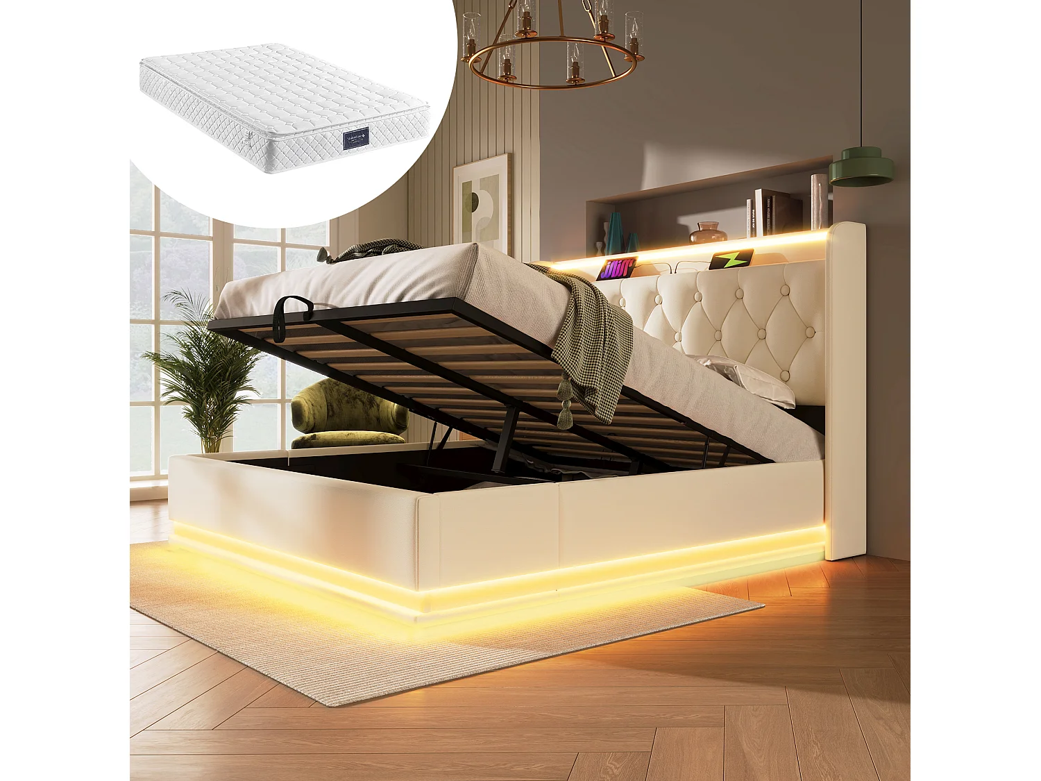 Łóżko z pojemnikiem 140 x 200 cm – z oświetleniem LED, USB/typu C, zagłówkiem ze schowkiem, stelażem – białe – materac nie jest wliczony w cenę 4813707 - obrazek 1