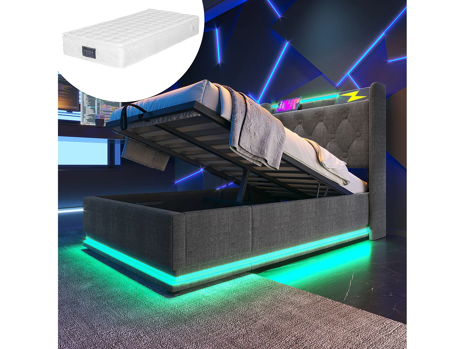 Łóżko z pojemnikiem 90x200 cm - z oświetleniem LED, zagłówkiem, USB/Typ-C, półkami, stelażem - szary len - materac w cenie 4813706 - obrazek 1