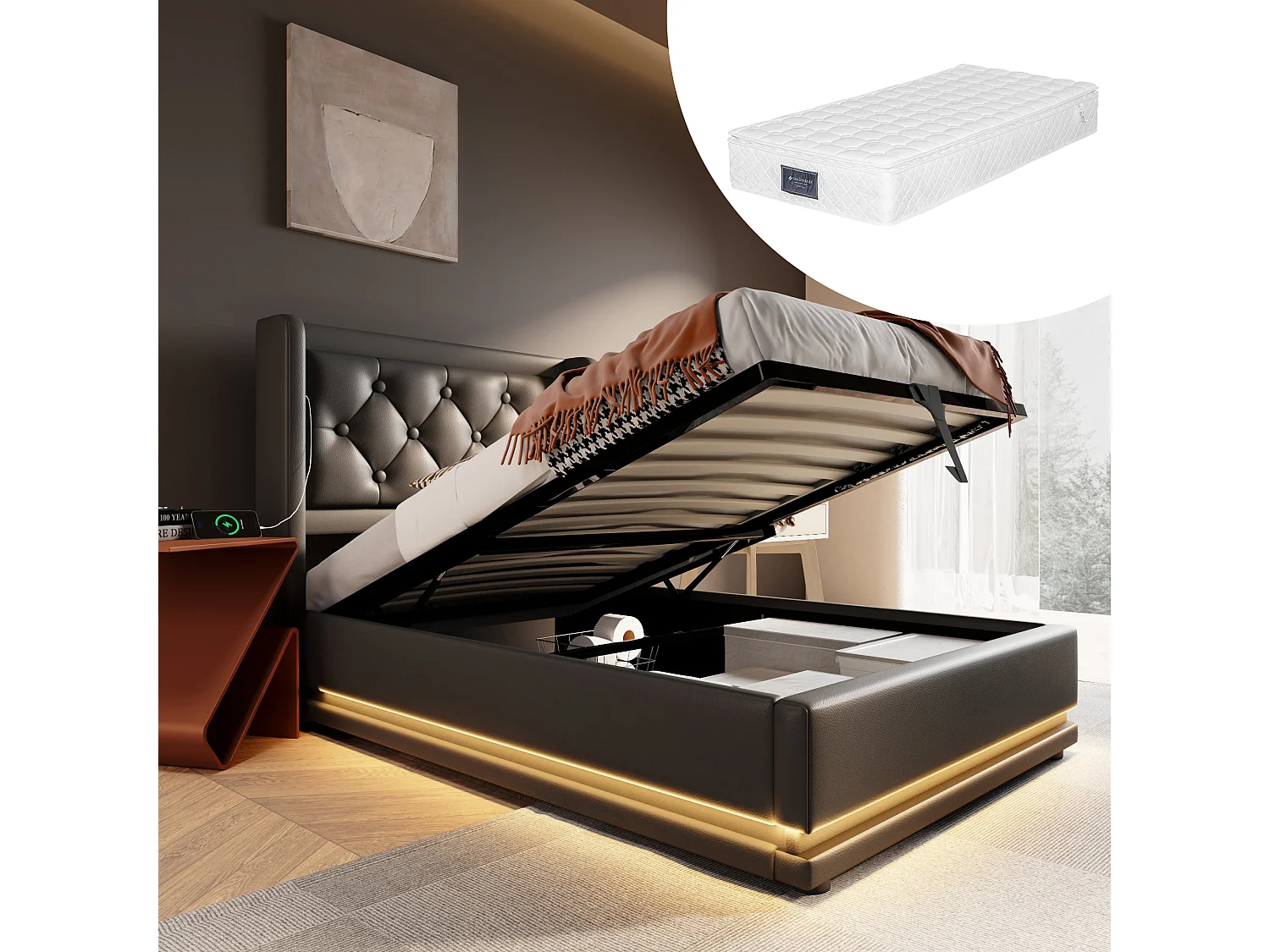 Łóżko z pojemnikiem 90x200 cm - z zagłówkiem, USB/Typ-C, oświetleniem LED, stelażem - czarna skóra - materac w cenie 4813708 - obrazek 1