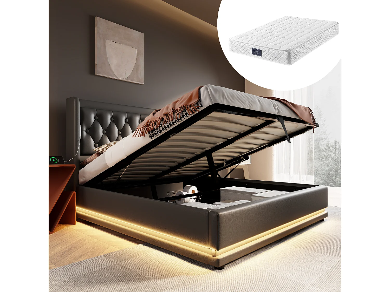 Łóżko z pojemnikiem 160x200 cm - z zagłówkiem, łóżko z pojemnikiem na pościel, USB, typ C, oświetlenie LED, stelaż - czarne - materac w cenie 4813717 - obrazek 1