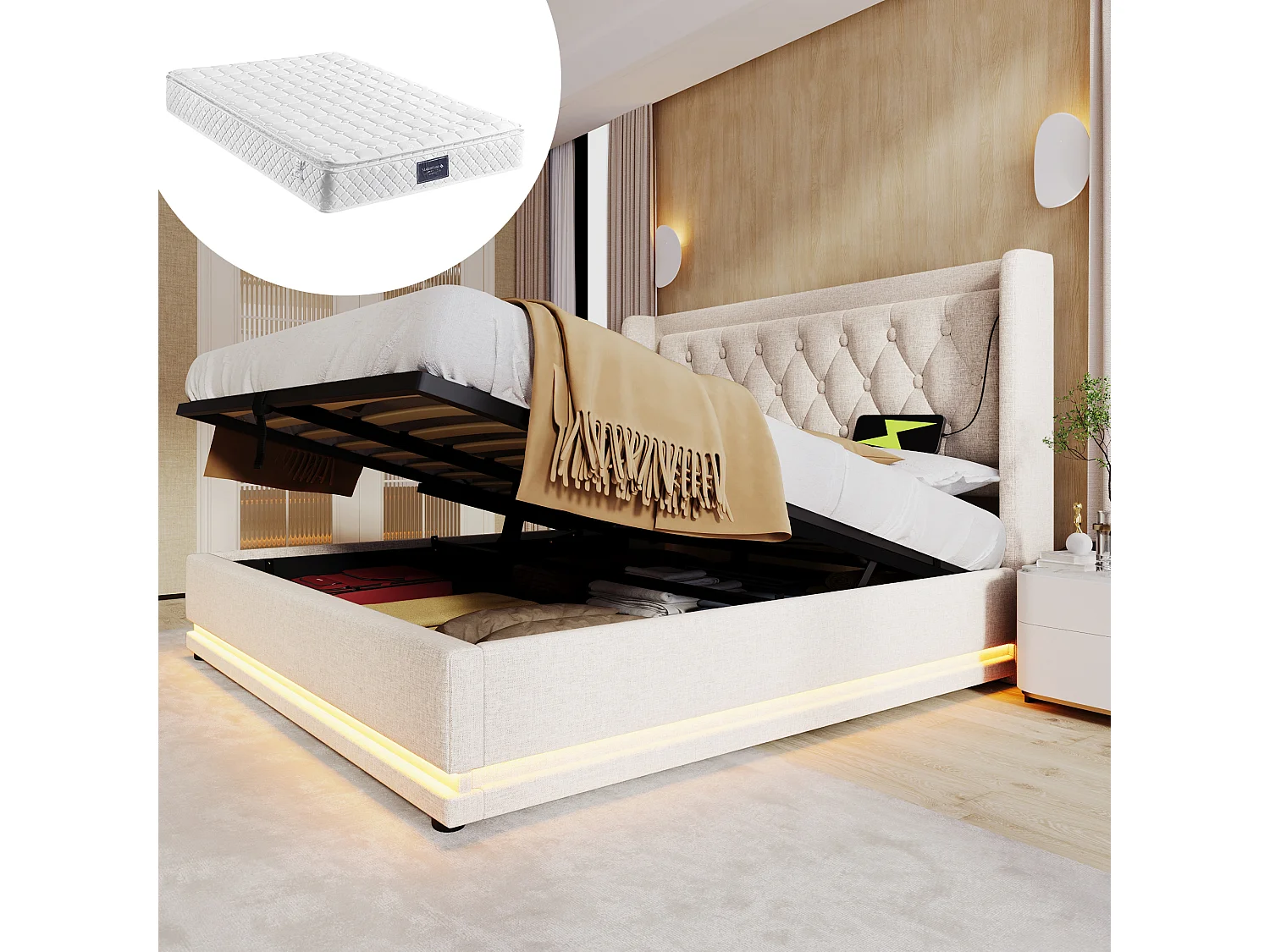 Łóżko z pojemnikiem 160x200 cm - z zagłówkiem, USB/Typ-C, 3-stronnym oświetleniem LED, elastycznymi listwami - beżowe - materac w cenie 4813715 - obrazek 1