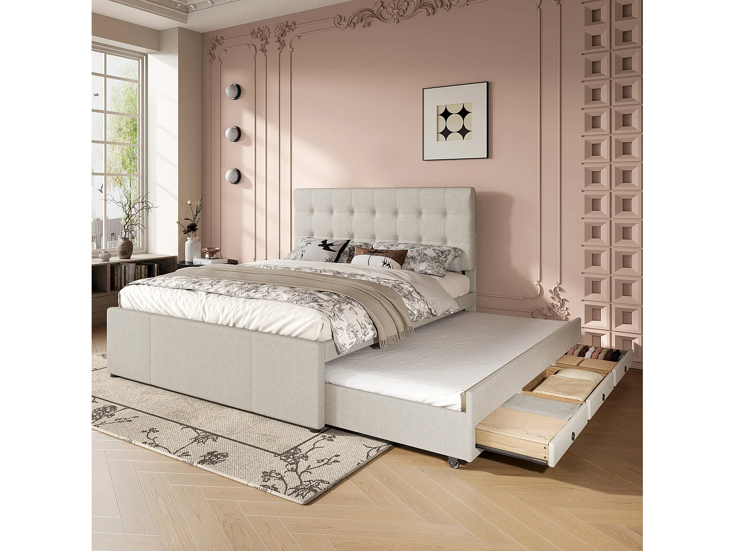 Łóżko wysuwane z 3 szufladami - 140 x 200 cm + 90 x 190 cm - z regulowanym zagłówkiem - len - beż 4814466 - obrazek 1
