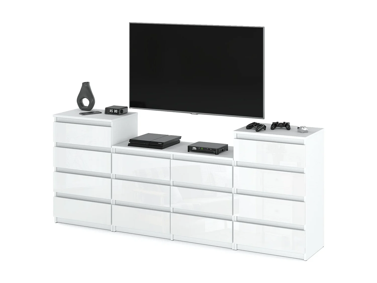 Duża Komoda z 14 Szufladami 220 CM Szafka Rtv Biały Mat Biały Połysk Meble Do Salonu Sypialni 4816653 - obrazek 1