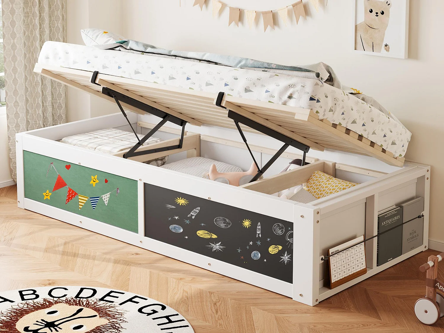 Łóżko z pojemnikiem dziecięce 90x200 cm - z tablicą do rysowania - Drewno lite + MDF - biały (materac nie jest wliczony w cenę) 4819033 - obrazek 1