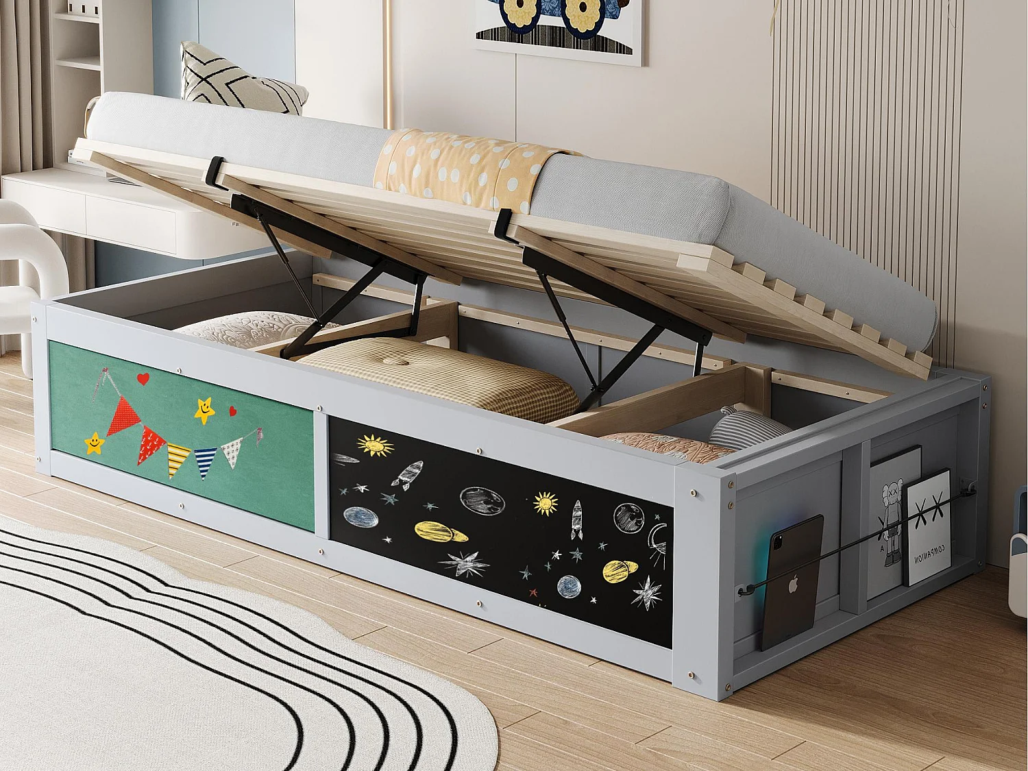 Łóżko z pojemnikiem dziecięce 90x200 cm - z tablicą do rysowania - Drewno lite + MDF - Szary​ (materac nie jest wliczony w cenę) 4819063 - obrazek 1