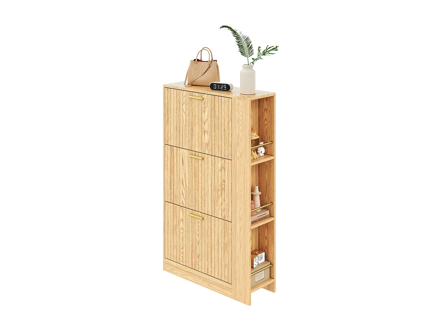Drewniana szafka na buty - 70 x 23,5 x 11,5 cm - konstrukcja 3-drzwiowa + otwarte półki - MDF - naturalny 4819228 - obrazek 1
