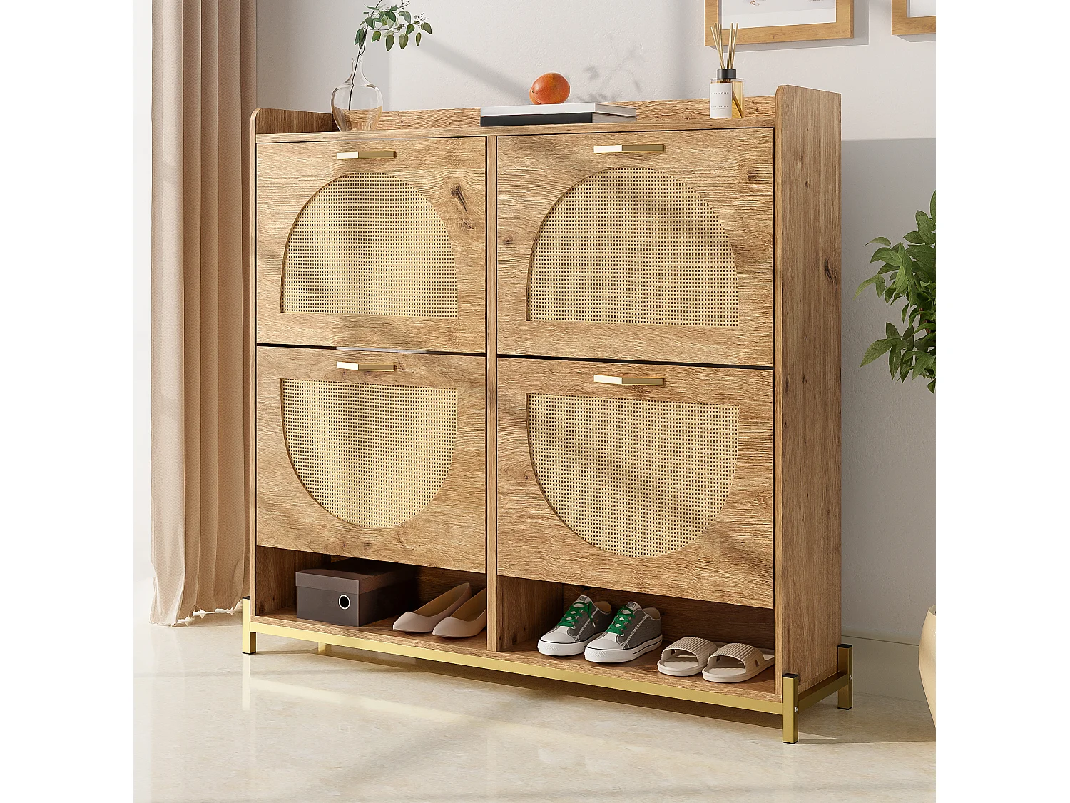 Drewniana szafka na buty z 4 drzwiami rattanowymi - 108,5 x 24 x 100 cm - półka do przechowywania - MDF - naturalna 4771003 - obrazek 1