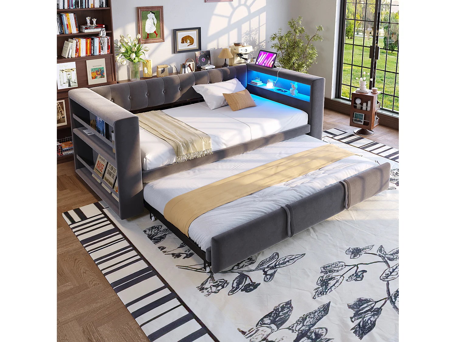 Łóżko wysuwane 90/180 x 190 cm – Łóżko pojedyncze z oświetleniem LED i półką do przechowywania – flanela ciemnoszara – materac nie jest wliczony w cenę 4824234