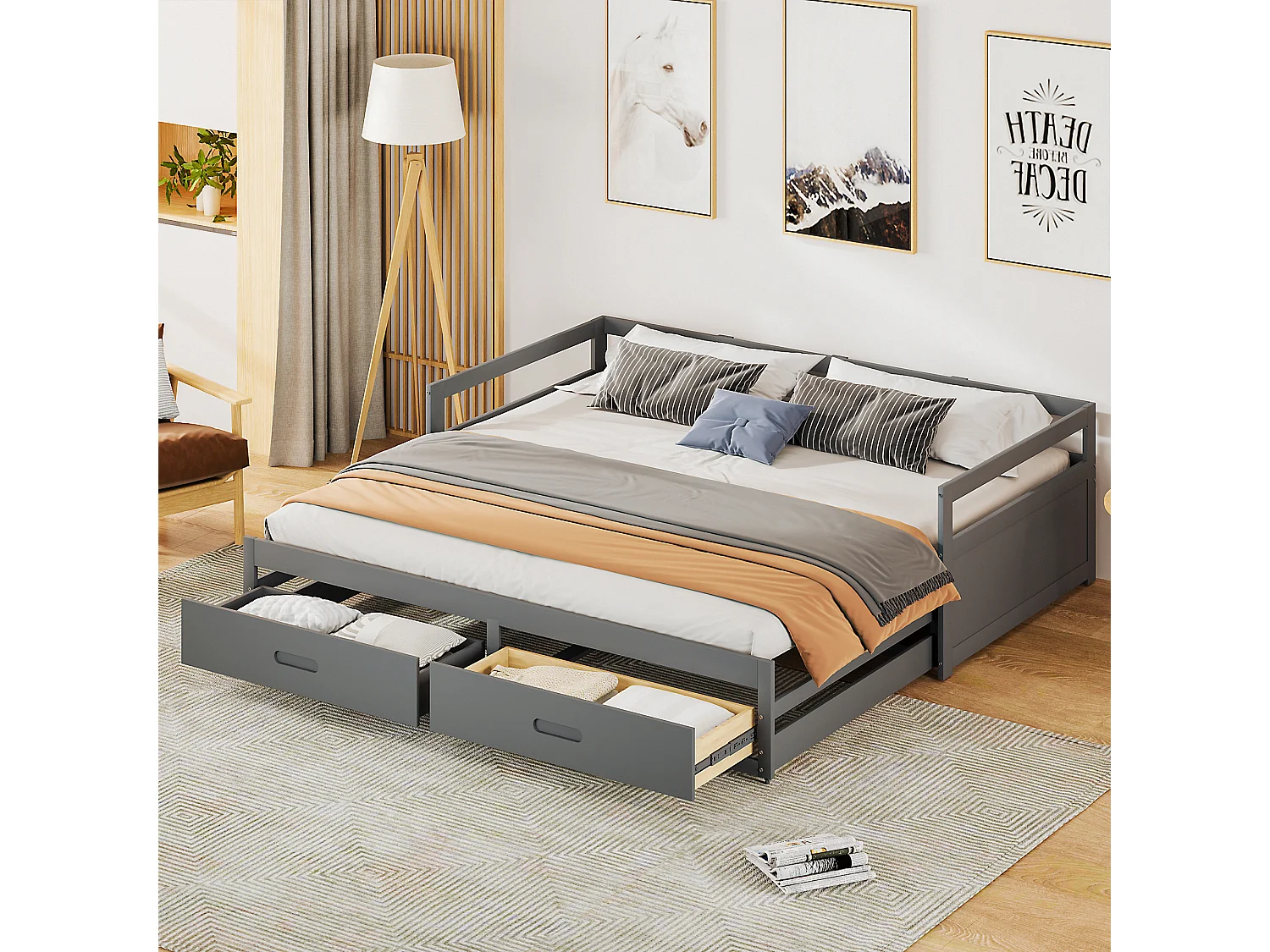Łóżko z wysuwaną skrzynią 90x200 cm - z 2 szufladami - szare drewno - materac nie jest wliczony w cenę 4824242 - obrazek 1