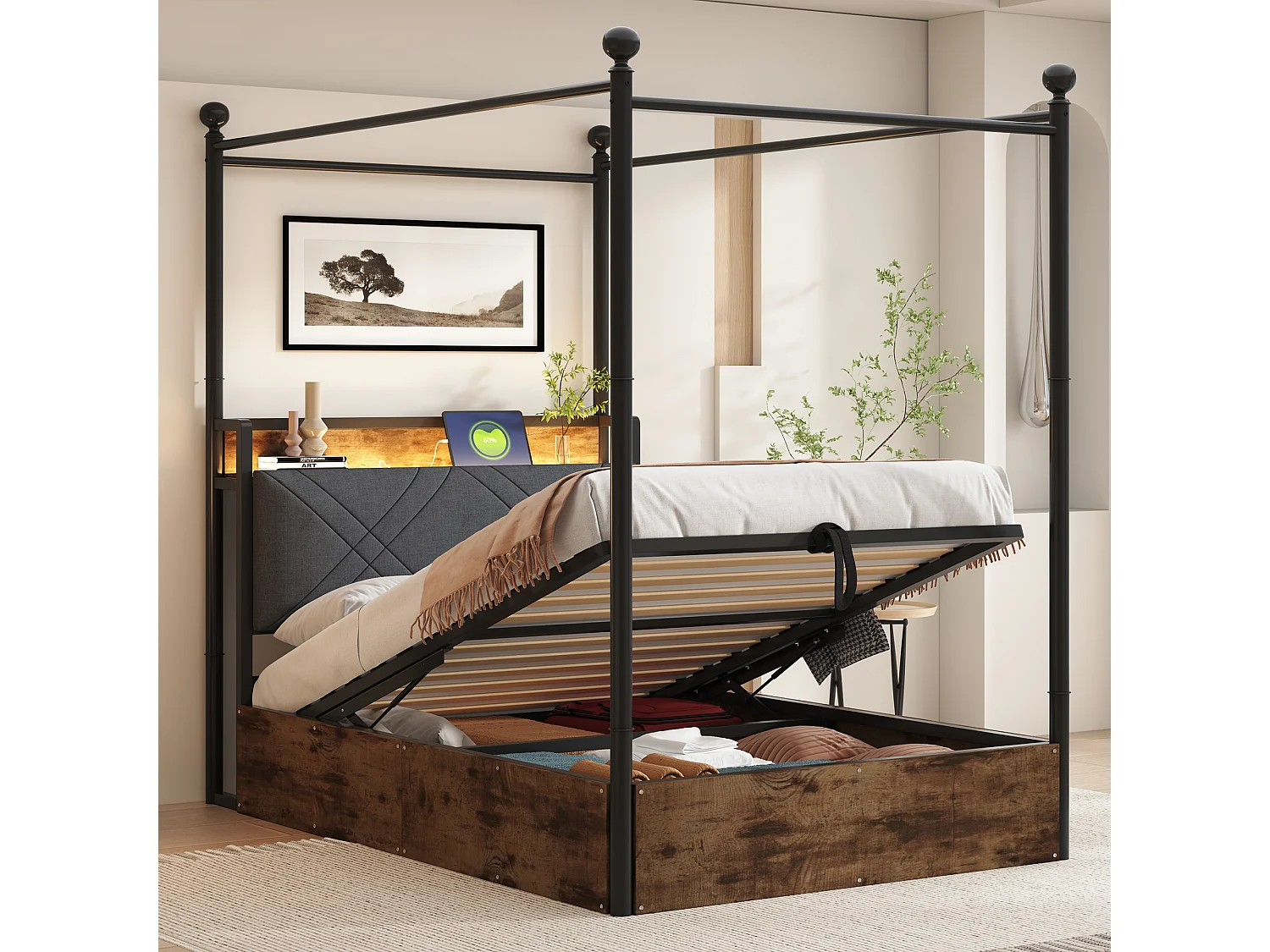 Łóżko z pojemnikiem 90x190 cm - łóżko dla dzieci z oświetleniem LED i portem USB, zagłówkiem i 2 szufladami - metalowe - czarne - materac nie jest wliczony w cenę 4824273 - obrazek 1