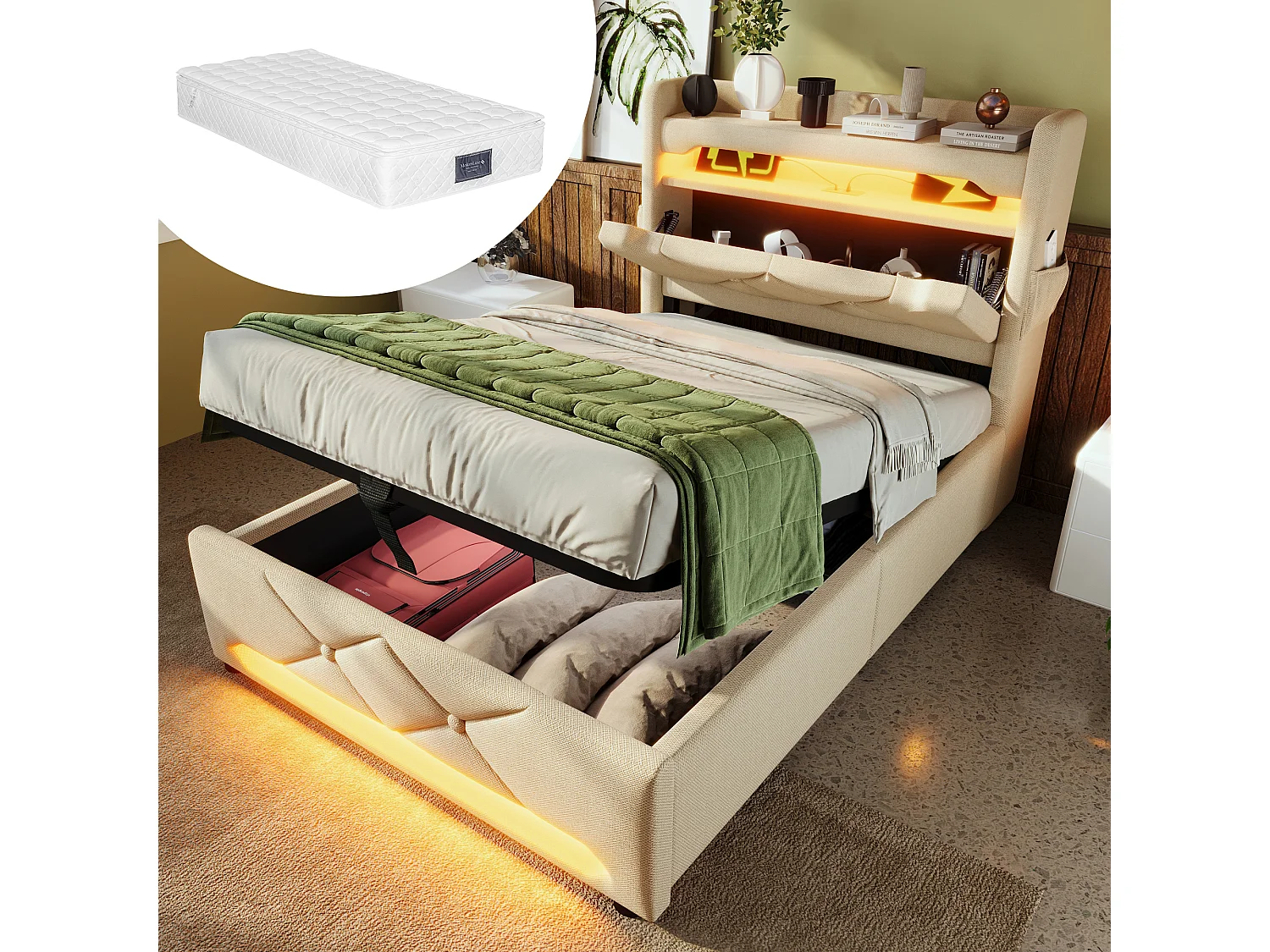 Łóżko z pojemnikiem 90x200 cm - z zagłówkiem ze schowkiem, USB i oświetleniem LED - beżowe, lniane - materac w cenie 4824279 - obrazek 1