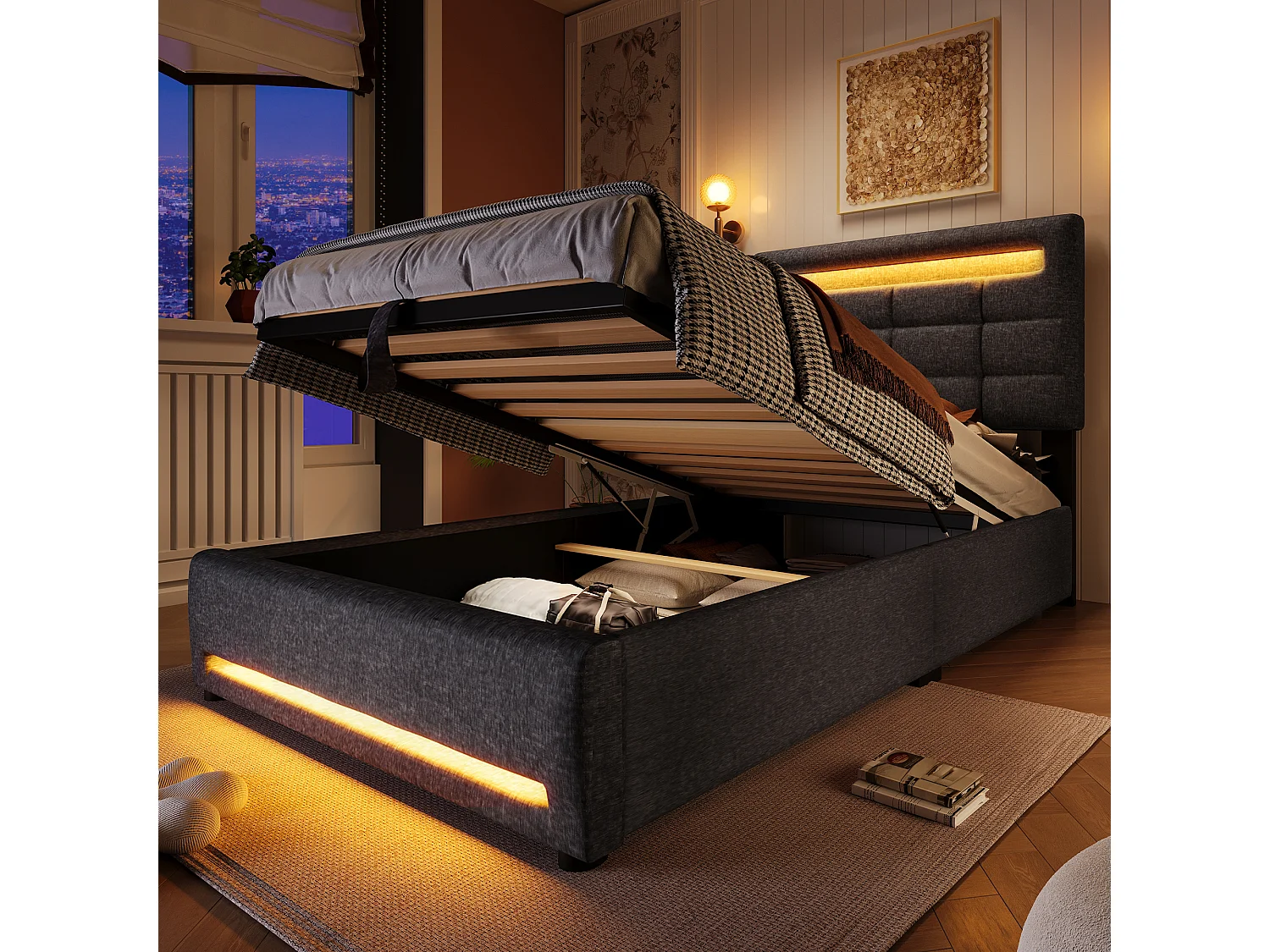 Łóżko z pojemnikiem 90 x 200 cm - z oświetleniem LED, podnośnikiem hydraulicznym, portem USB - szara pościel - materac nie jest wliczony w cenę 4824290 - obrazek 1