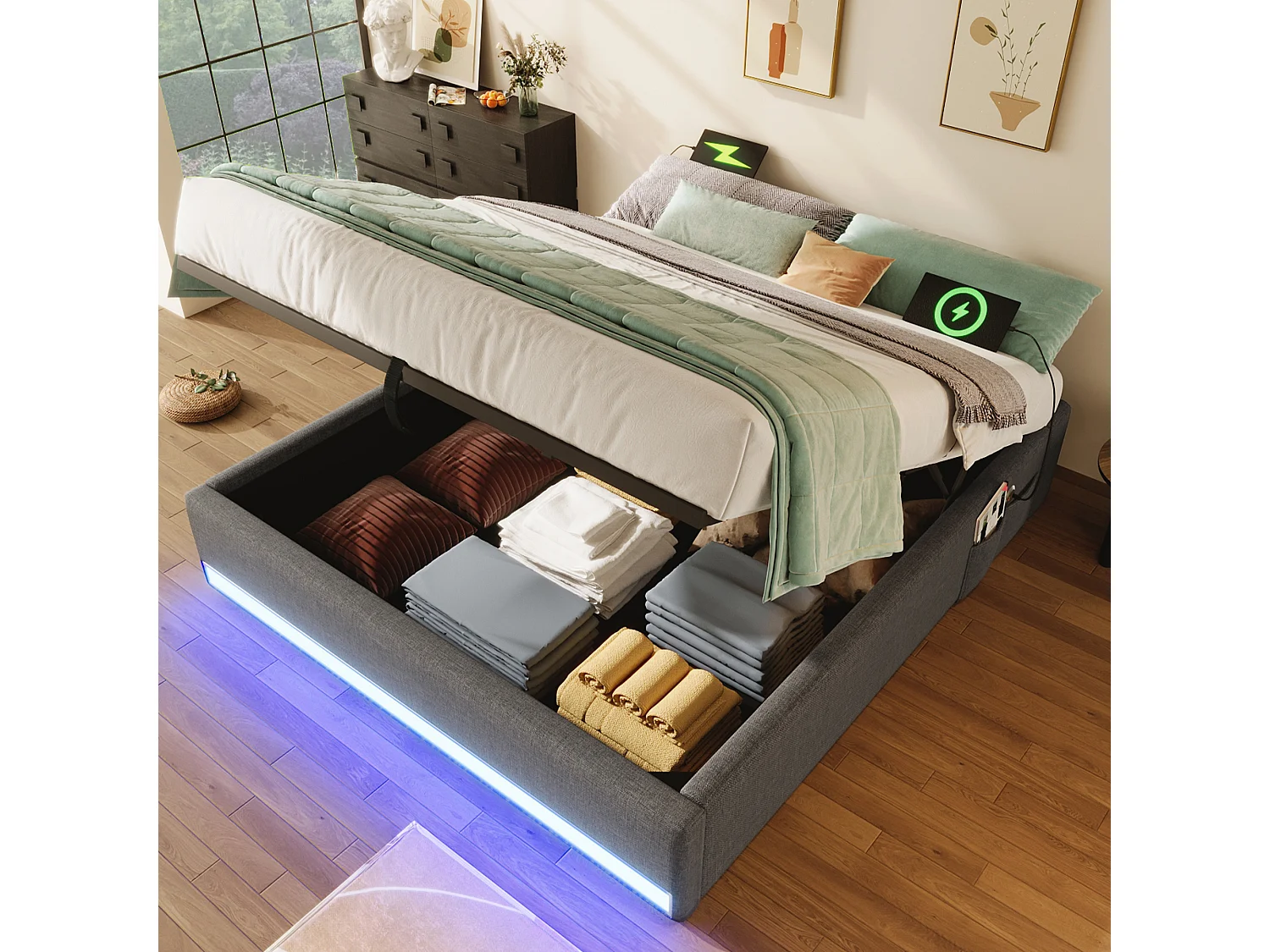 Łóżko z pojemnikiem 140x200 cm - Łóżko dla dorosłych z oświetleniem LED i USB - szara pościel - bez materaca 4824299 - obrazek 1