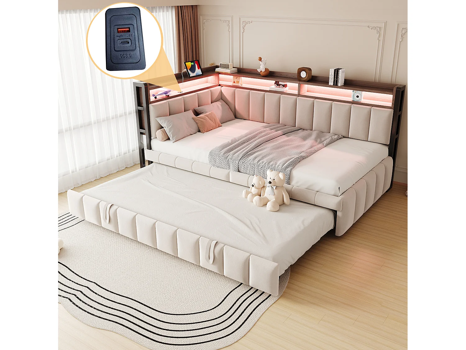 Łóżko wysuwane 90 x 200 cm - Łóżko dziecięce z oświetleniem LED i schowkiem - welur beżowy - materac nie jest wliczony w cenę 4824303 - obrazek 1