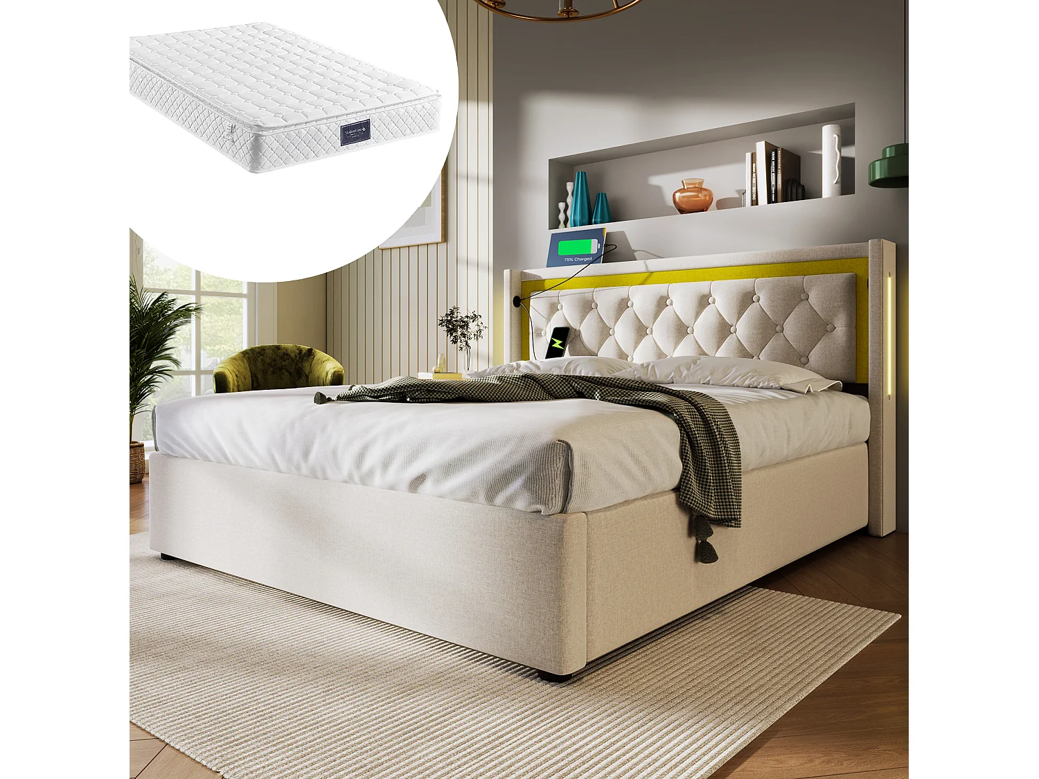 Łóżko z pojemnikiem na pościel 160x200 - z zagłówkiem, USB, typu C, LED, stelażem - beżowe - materac w cenie 4824316 - obrazek 1