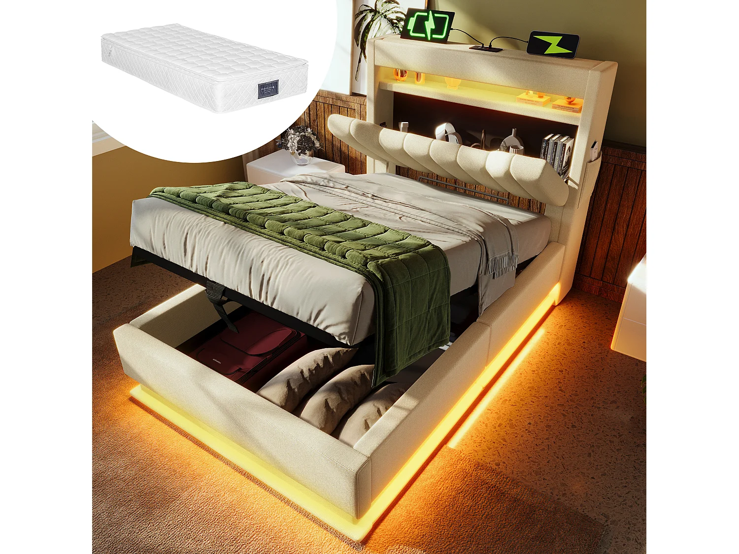 Łóżko z pojemnikiem 90x200 cm - z zagłówkiem Łóżko z pojemnikiem na pościel i zagłówkiem, USB/Typ C, LED - beżowy len - materac w zestawie 4824304 - obrazek 1