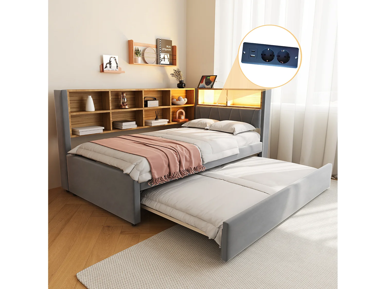 Łóżko wysuwane 90 x 200 cm - Łóżko dzienne z oświetleniem LED i dużą ilością miejsca do przechowywania - ciemnoszara flanela 4824340 - obrazek 1