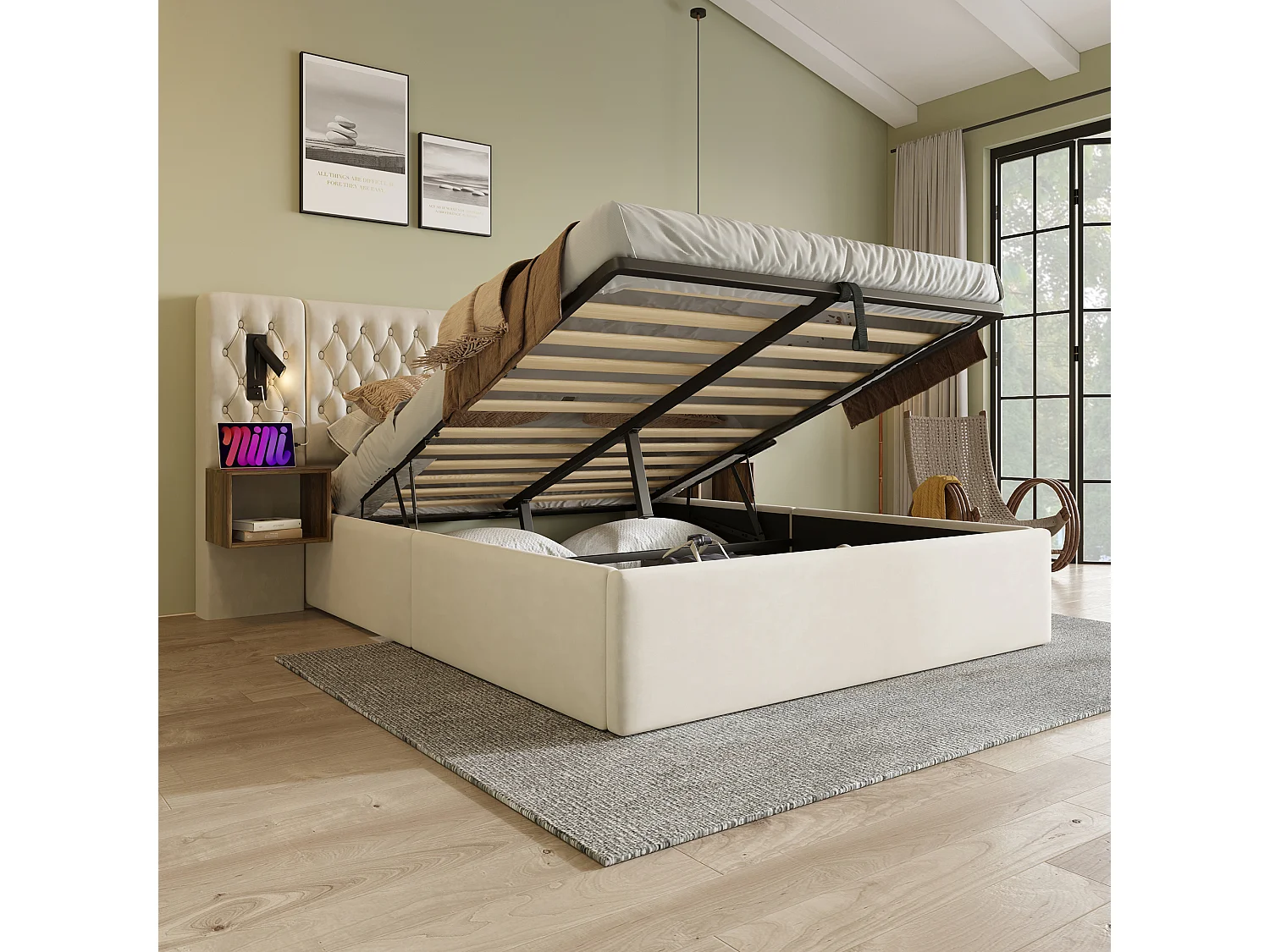 Łóżko z pojemnikiem 180x200 cm - łóżko dwuosobowe ze stolikiem nocnym, lampką do czytania i portem USB - beżowy aksamit - bez materaca 4824353 - obrazek 1