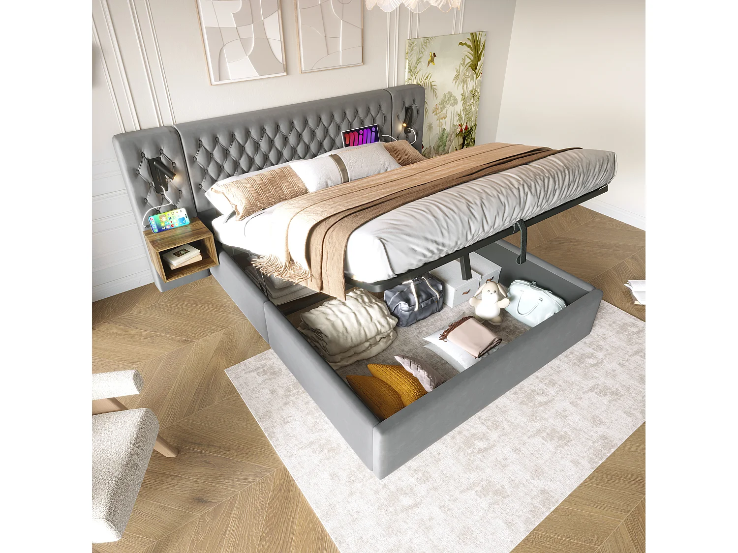 Łóżko z pojemnikiem 160x200 cm - łóżko dla dorosłych ze stolikiem nocnym, lampką do czytania i portem USB - szary aksamit - bez materaca 4824354 - obrazek 1