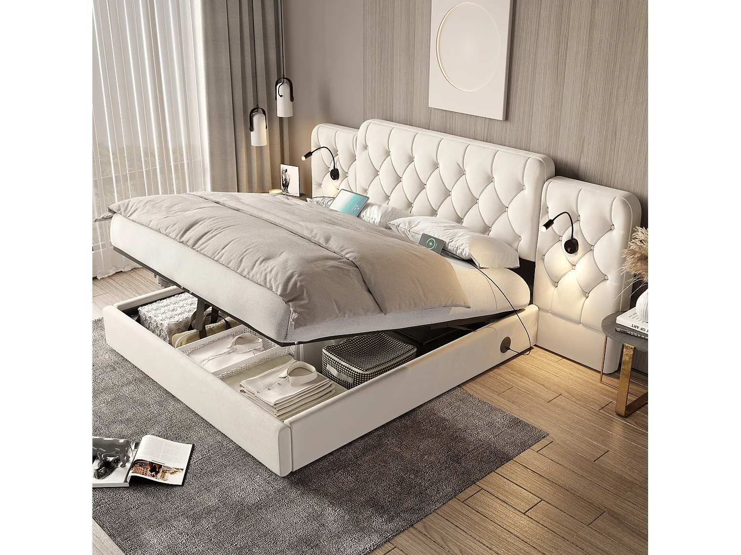 Łóżko z pojemnikiem 180x200 cm - Łóżko dla dorosłych z lampką do czytania i portami USB - beżowy aksamit - bez materaca 4824360 - obrazek 1